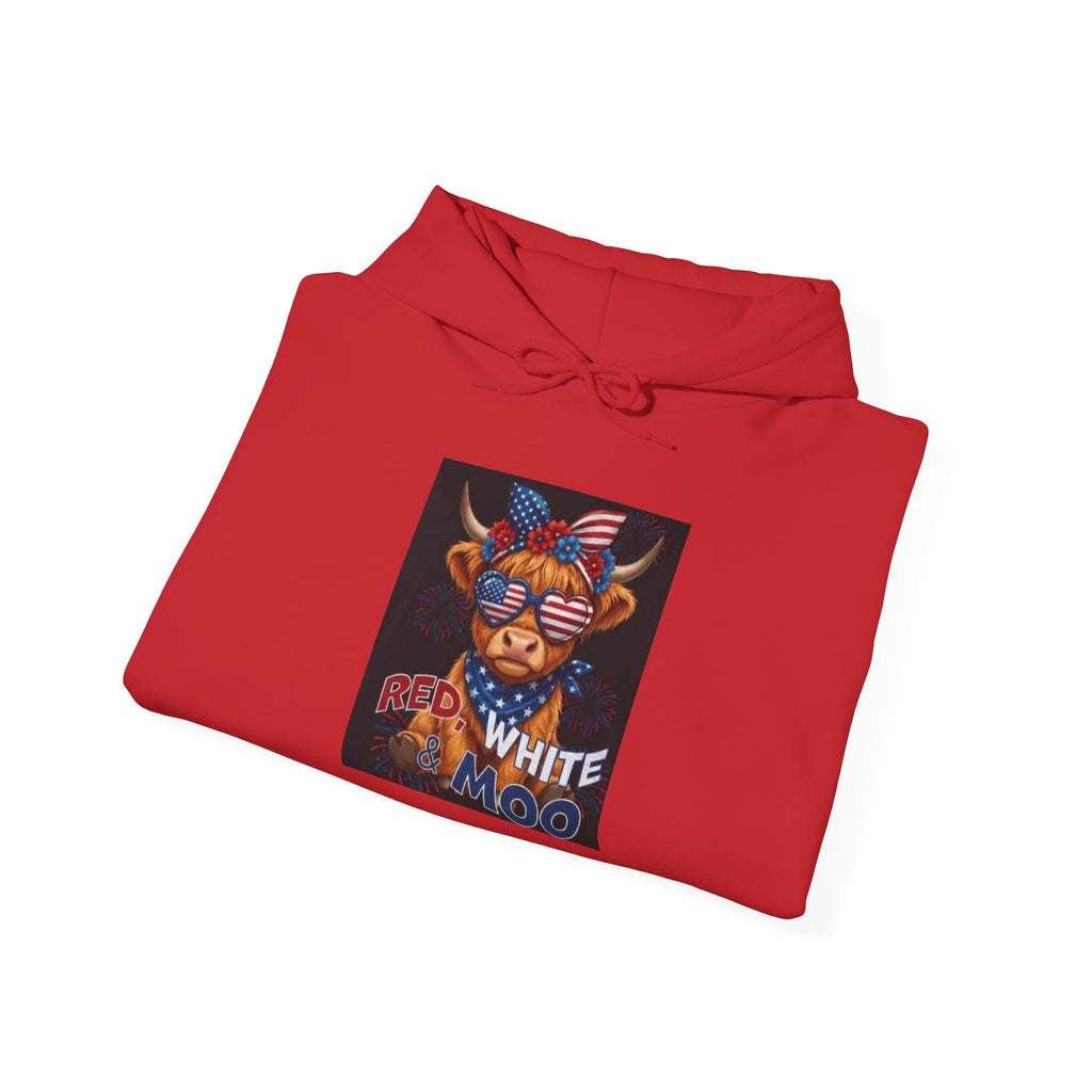 Patriotic Cow Graphic Hoodie — "Red White Moo" Americana Farmwear