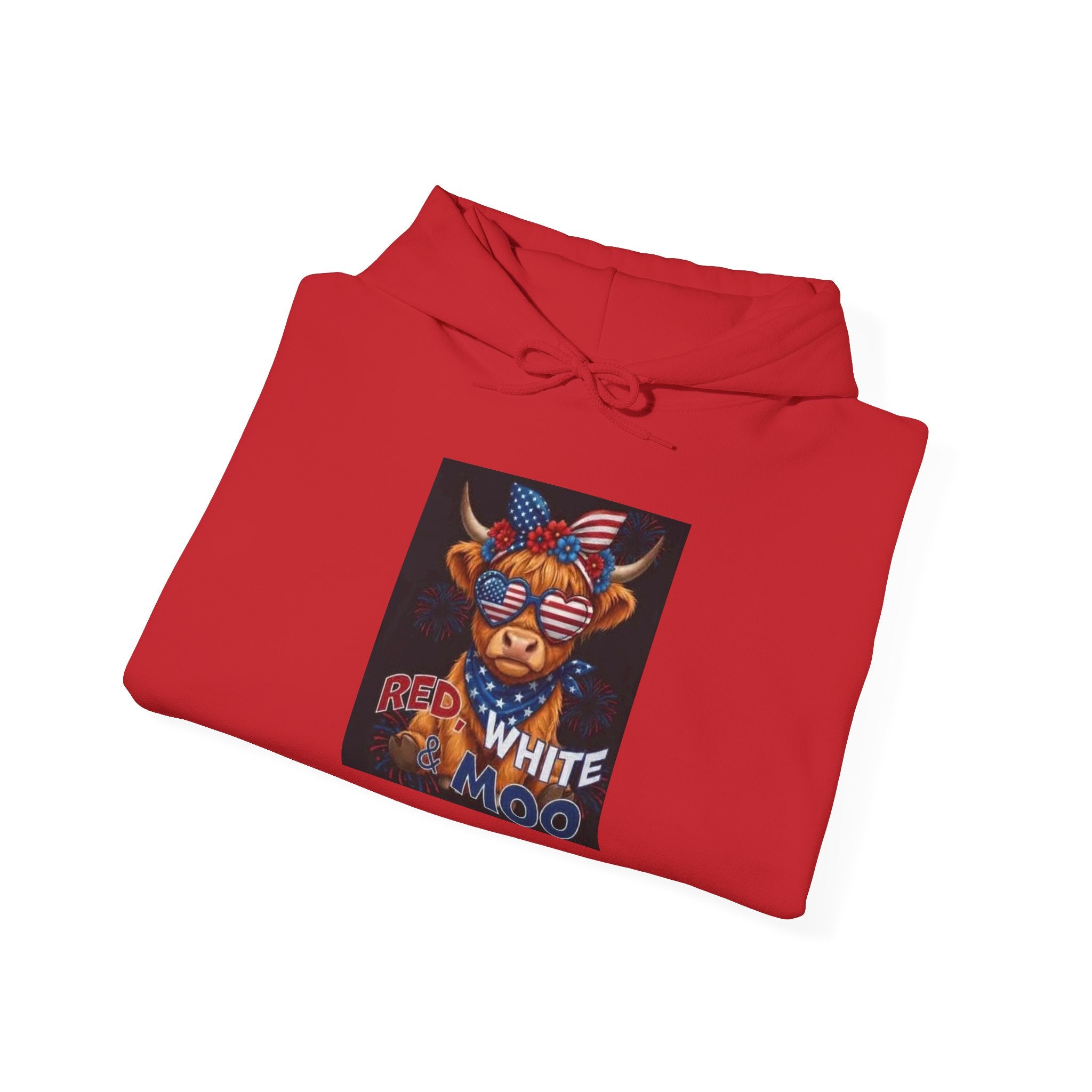 Patriotic Cow Graphic Hoodie — "Red White Moo" Americana Farmwear