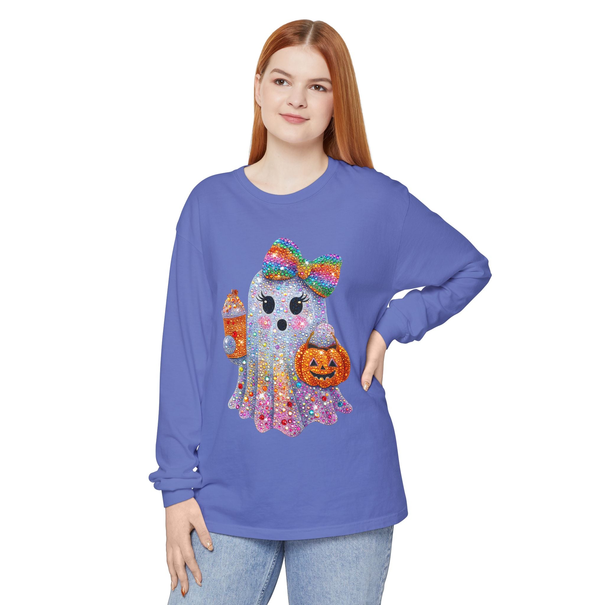 Sparkle Ghost Long Sleeve Tee — Cute Halloween Pumpkin & Candy Design