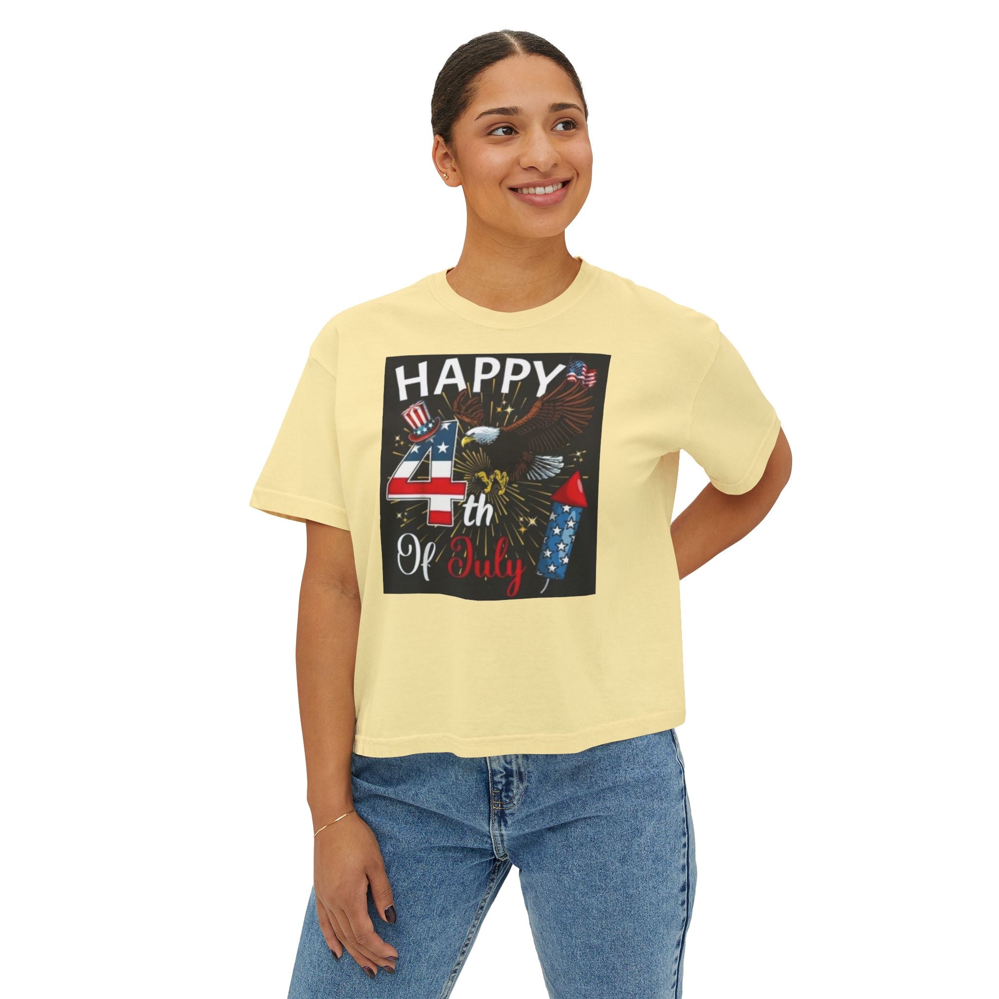 Happy 4th of July Women's Boxy Tee – Patriotic Eagle & Fireworks Top