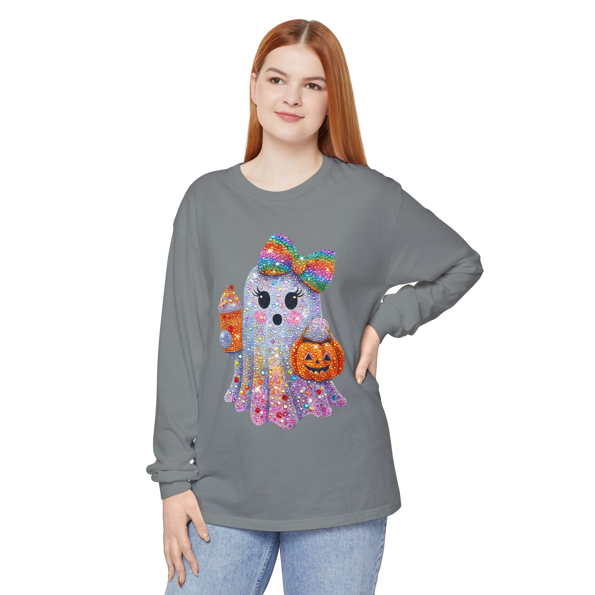 Sparkle Ghost Long Sleeve Tee — Cute Halloween Pumpkin & Candy Design