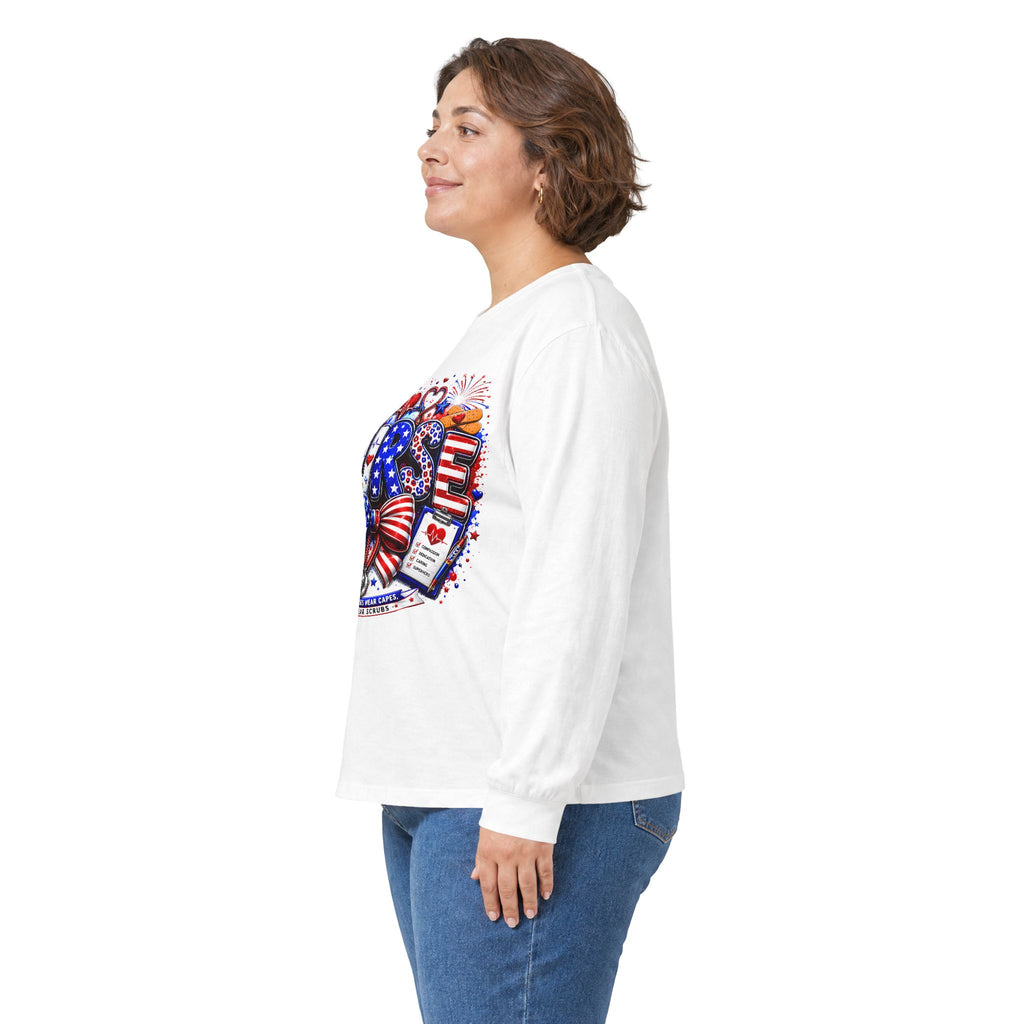 Nurse Heart Patriotic Long Sleeve Tee — USA Flag & Medical Design