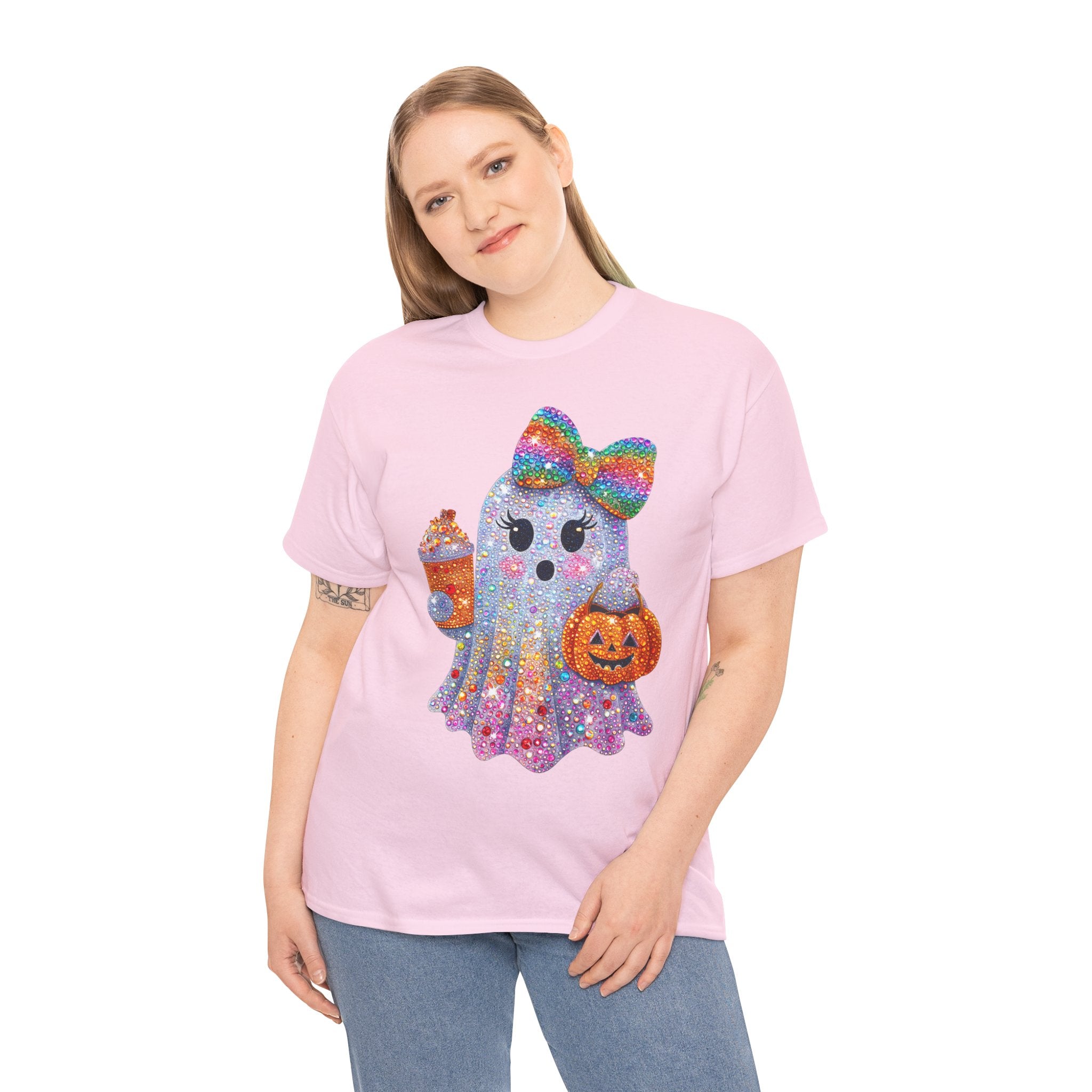 Cute Glitter Ghost T‑Shirt — Rainbow Bow Halloween Tee with Pumpkin & Candy