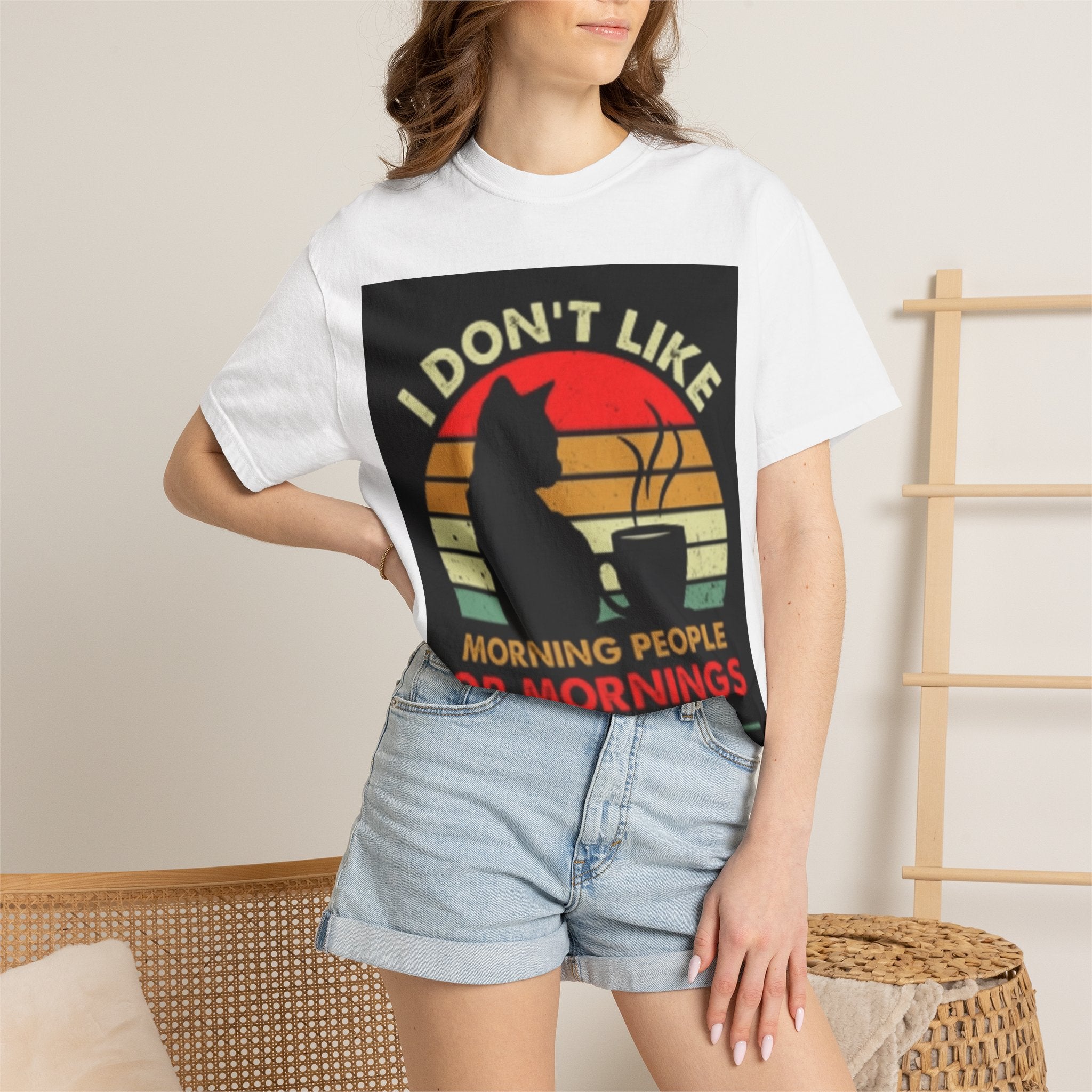 I Don't Like Morning People T-Shirt — Cat & Coffee Retro Graphic Tee