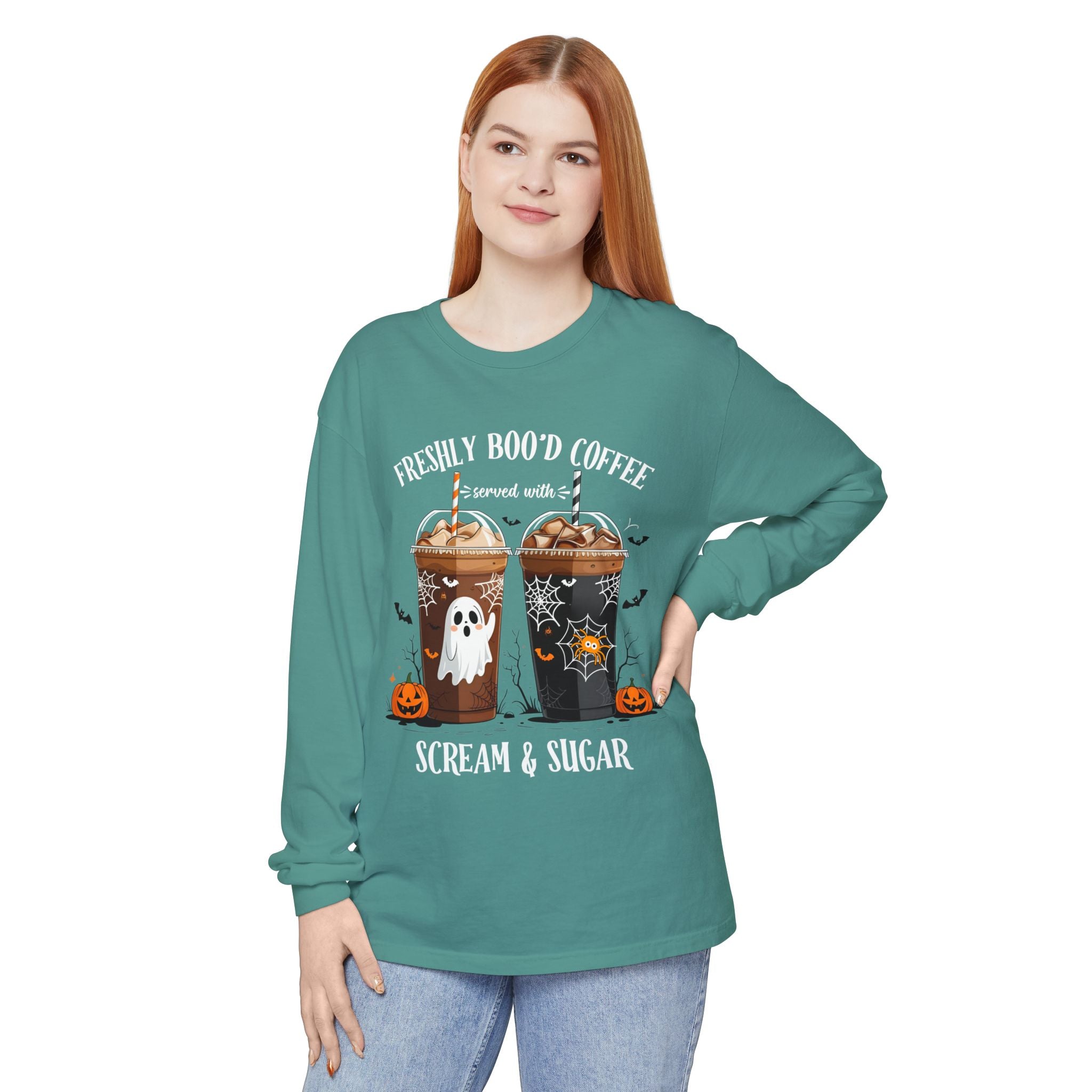 Halloween Coffee Long Sleeve Tee — "Freshly Boo'd Coffee, Scream & Sugar"