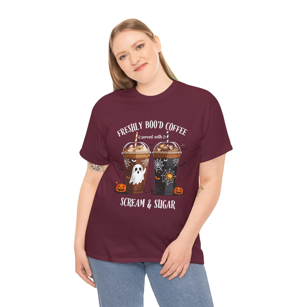 Halloween Coffee T‑Shirt - "Freshly Boo’d Coffee: Scream & Sugar" Funny Spooky Pumpkin Ghost Tee