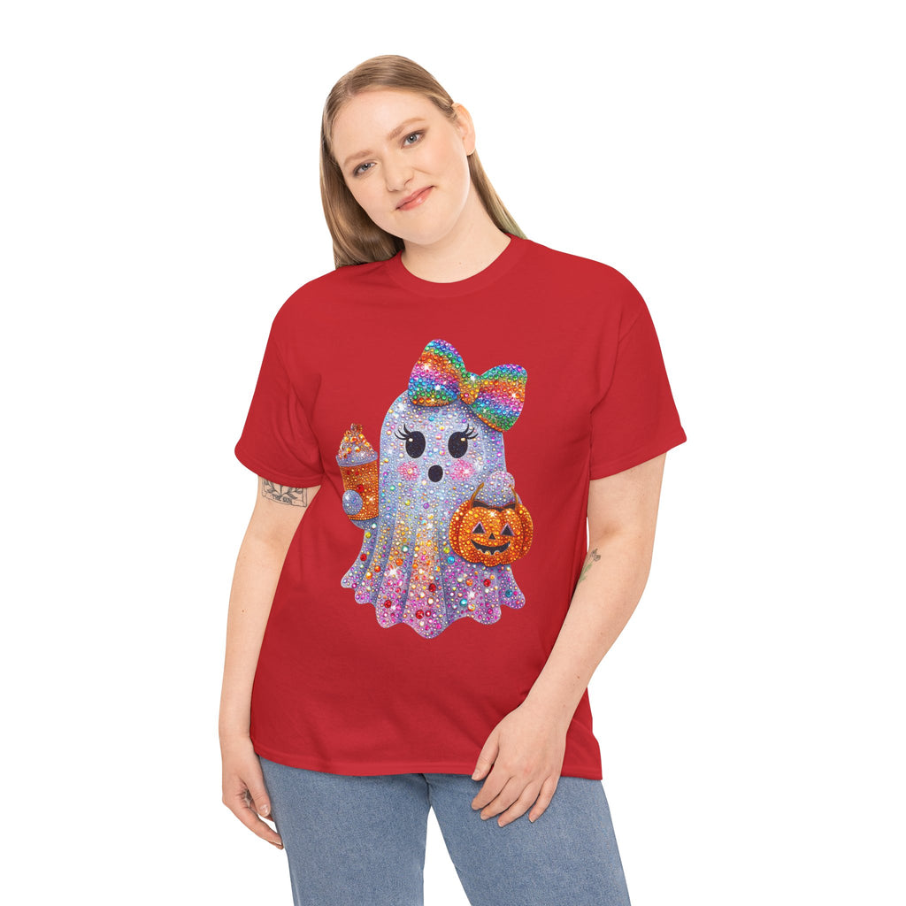 Cute Glitter Ghost T-Shirt — Rainbow Bow Halloween Tee with Pumpkin & Candy Cup