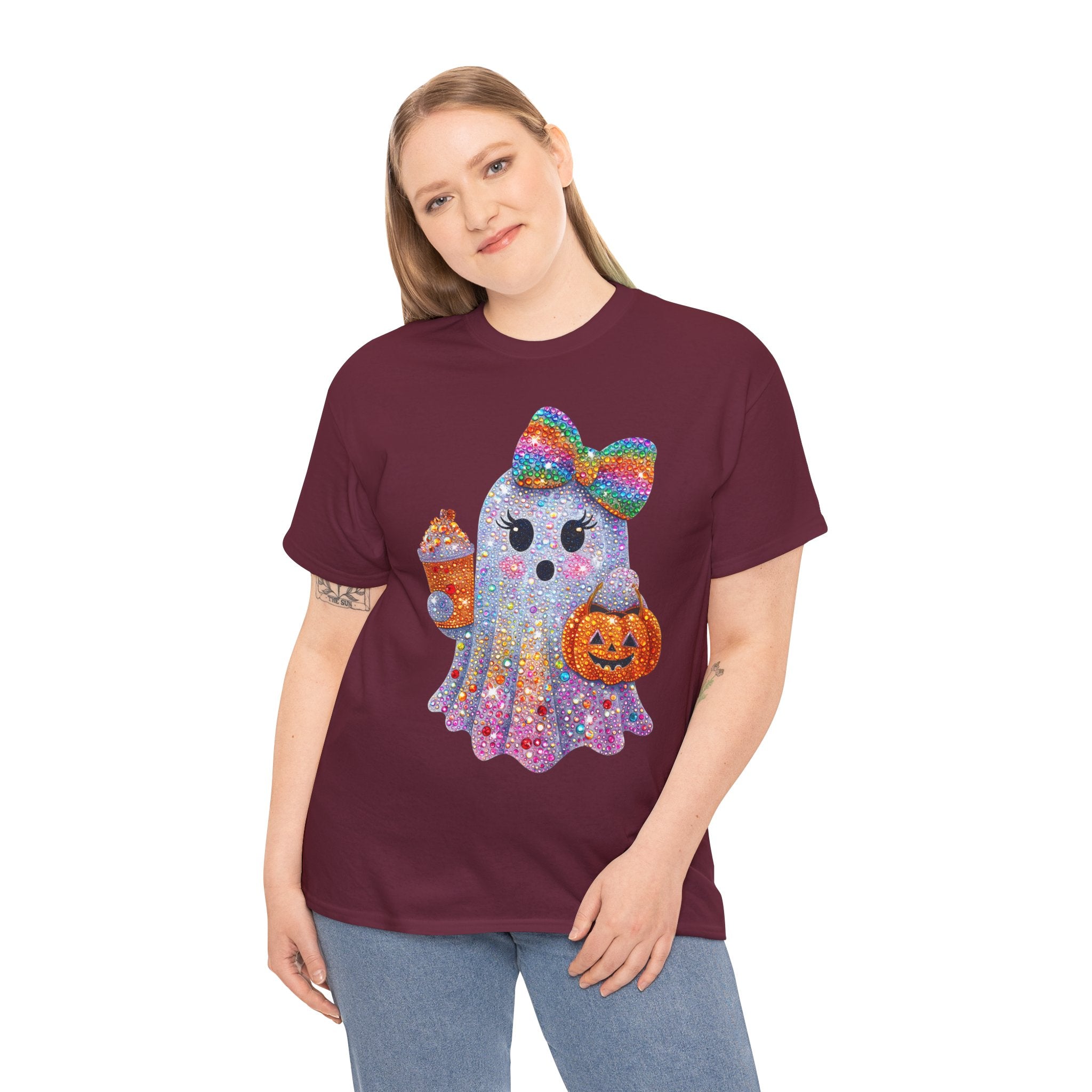 Cute Glitter Ghost T‑Shirt — Rainbow Bow Halloween Tee with Pumpkin & Candy