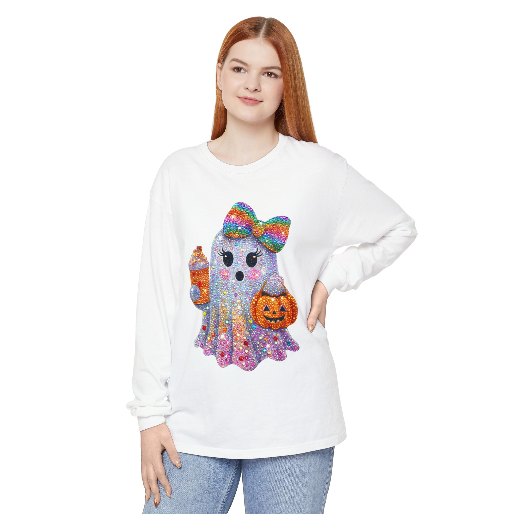 Sparkle Ghost Long Sleeve Tee — Cute Halloween Pumpkin & Candy Design