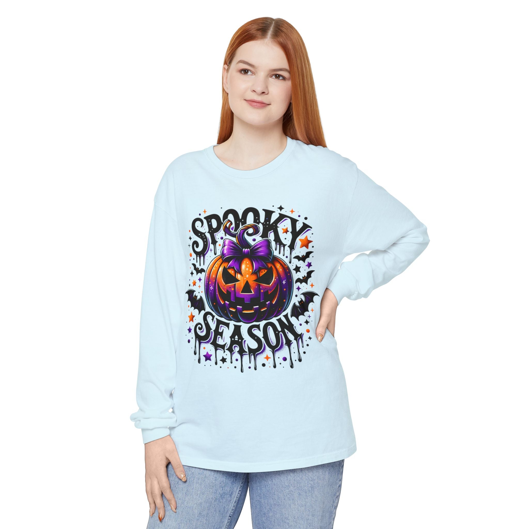 Spooky Season Long Sleeve Tee — Purple Pumpkin Halloween Design