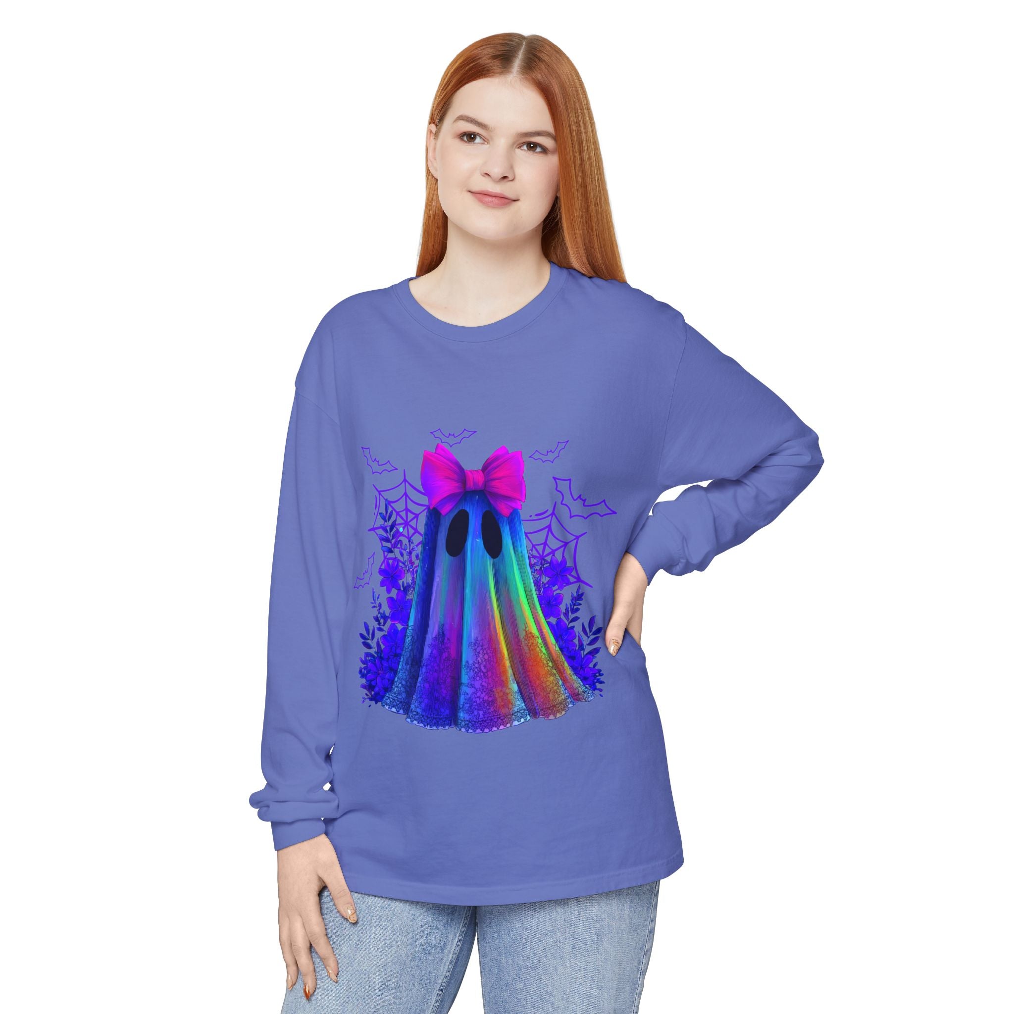 Halloween Ghost Long Sleeve Tee — Holographic Bow Ghost Graphic