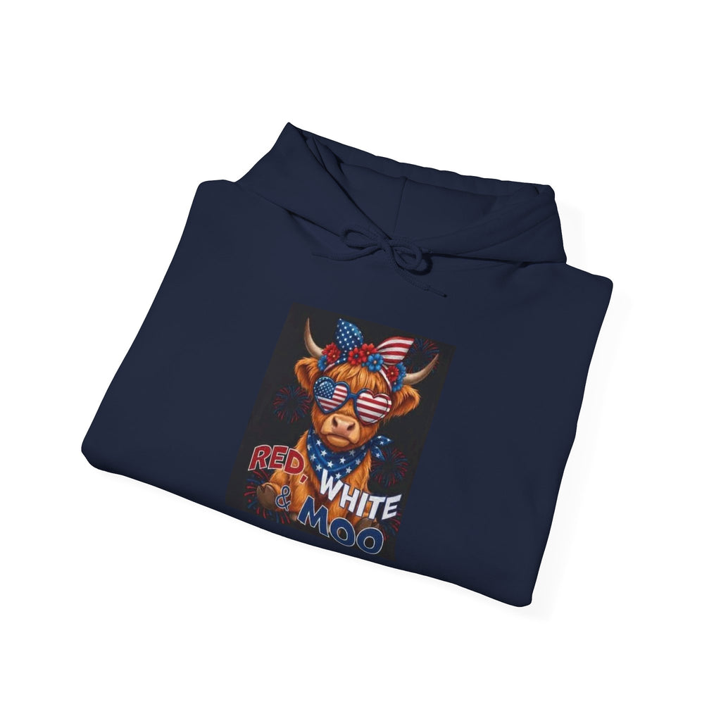 Patriotic Cow Graphic Hoodie — "Red White Moo" Americana Farmwear