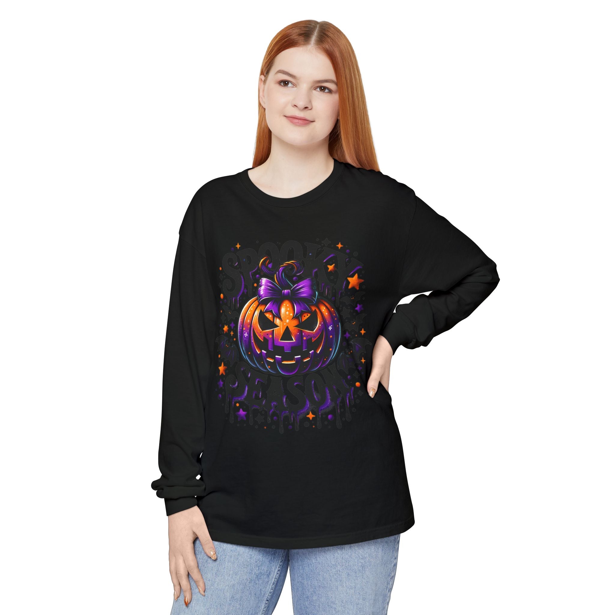 Spooky Season Long Sleeve Tee — Purple Pumpkin Halloween Design