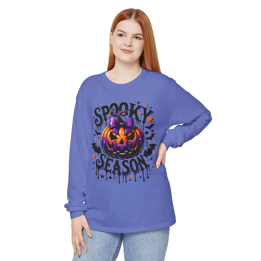 Spooky Season Long Sleeve Tee — Purple Pumpkin Halloween Design