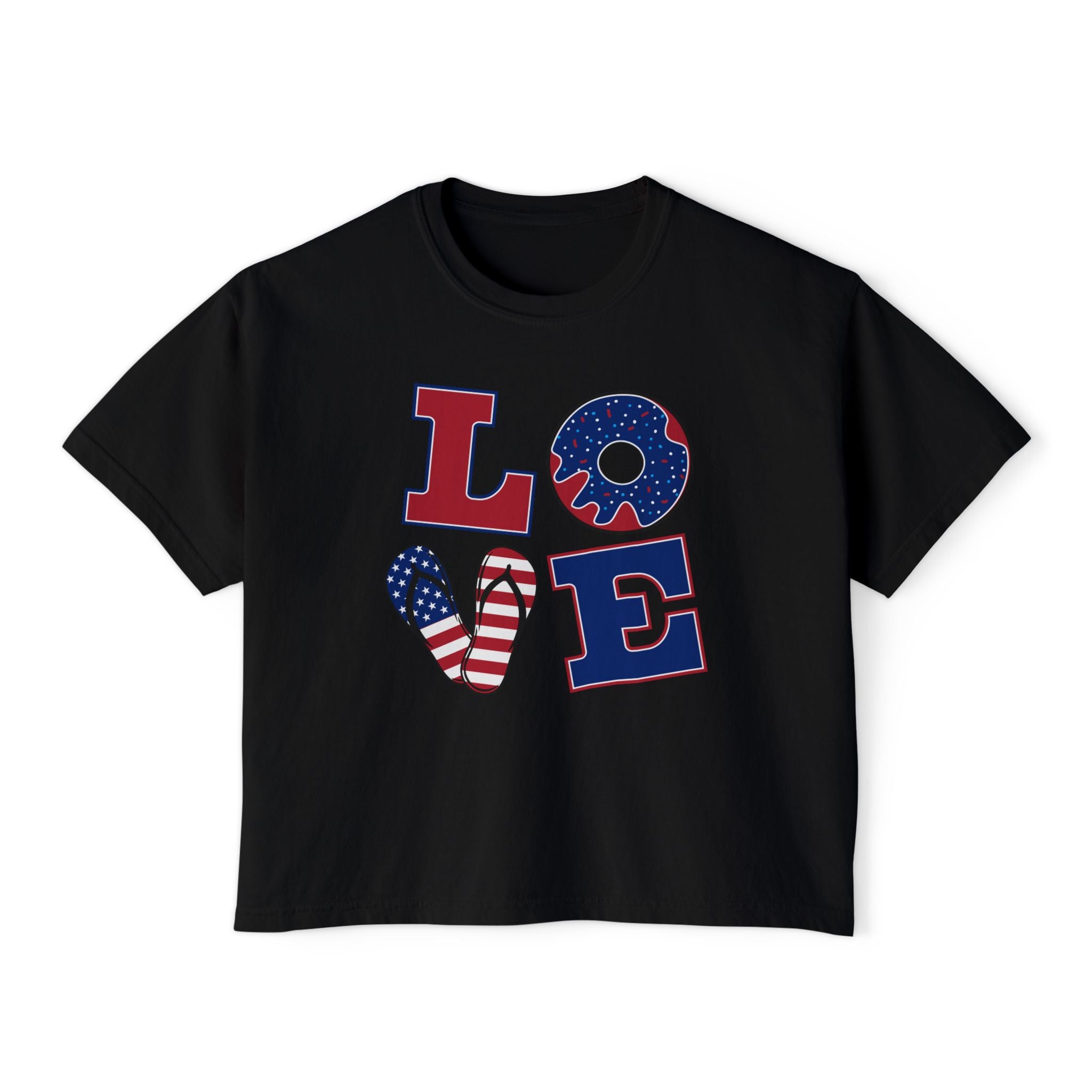 Patriotic LOVE Boxy Tee — Women's 4th of July American Flag Graphic Shirt