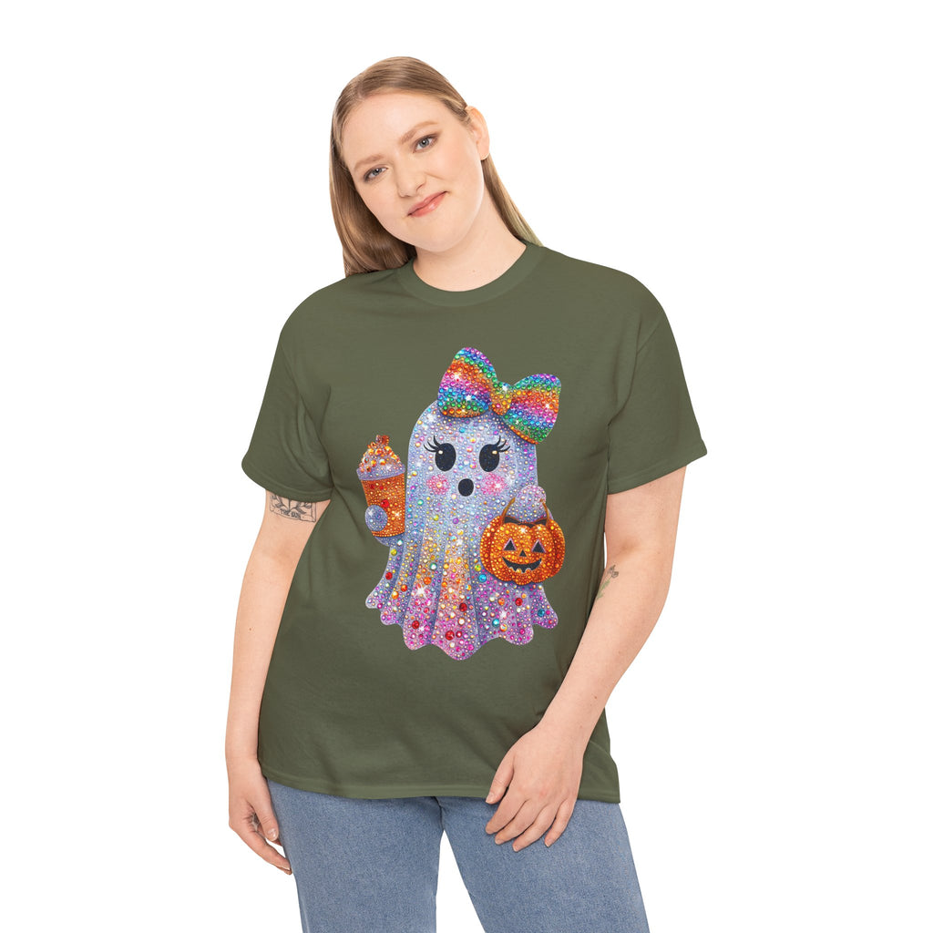 Cute Glitter Ghost T‑Shirt — Rainbow Bow Halloween Tee with Pumpkin & Candy