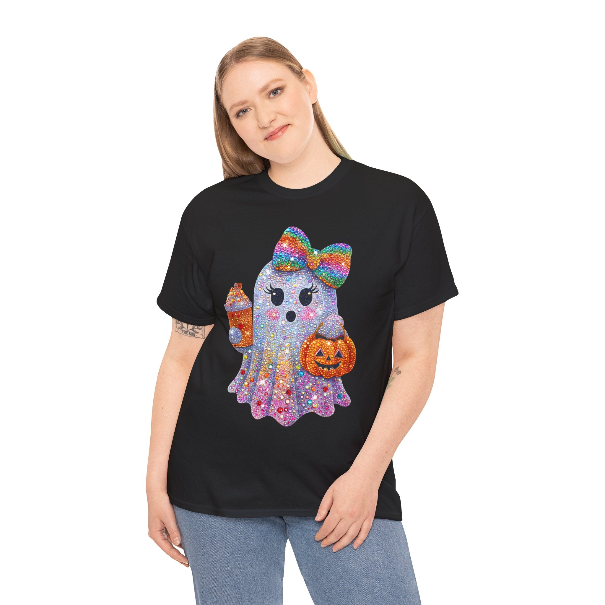 Cute Glitter Ghost T-Shirt — Rainbow Bow Halloween Tee with Pumpkin & Candy Cup