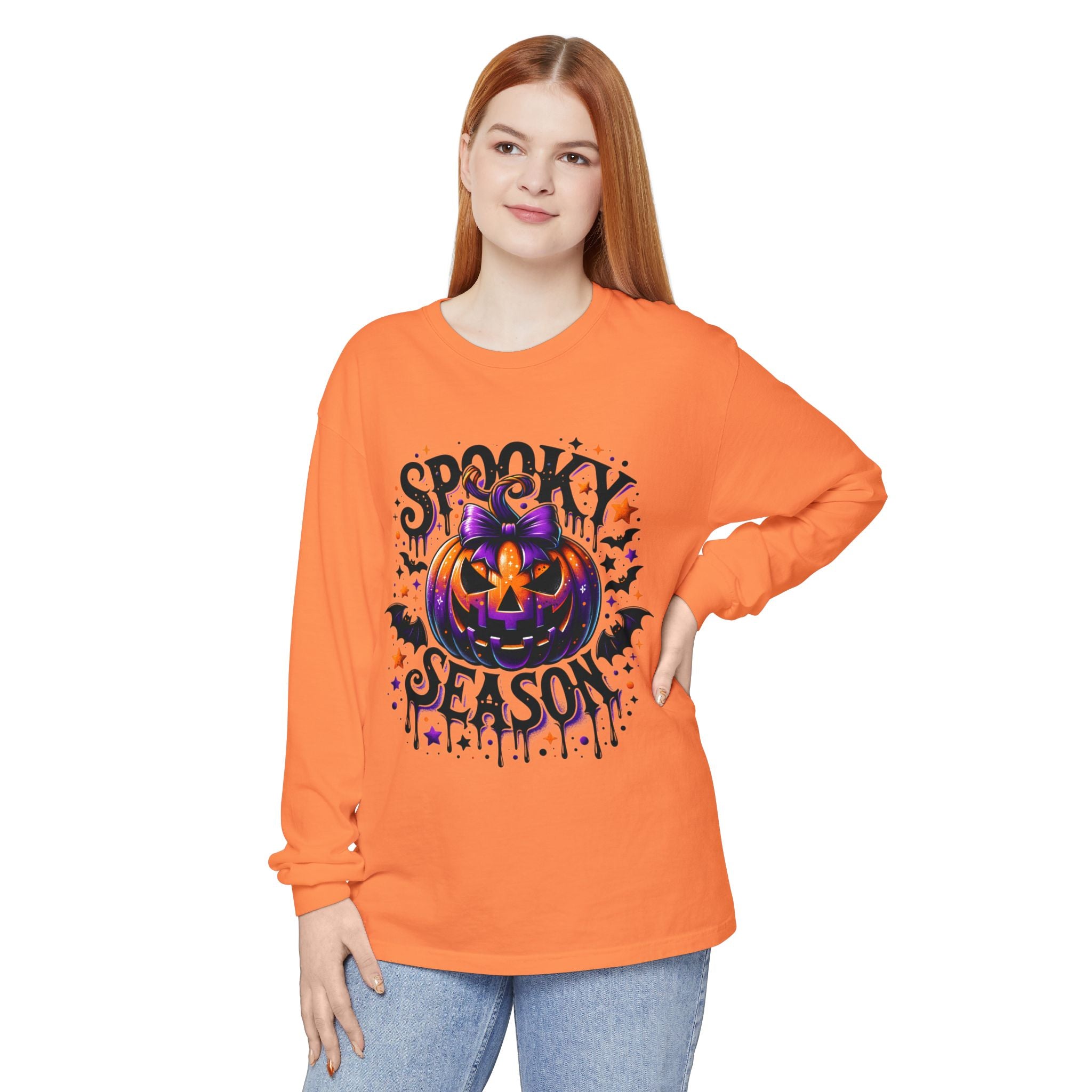 Spooky Season Long Sleeve Tee — Purple Jack-O'-Lantern Halloween Shirt