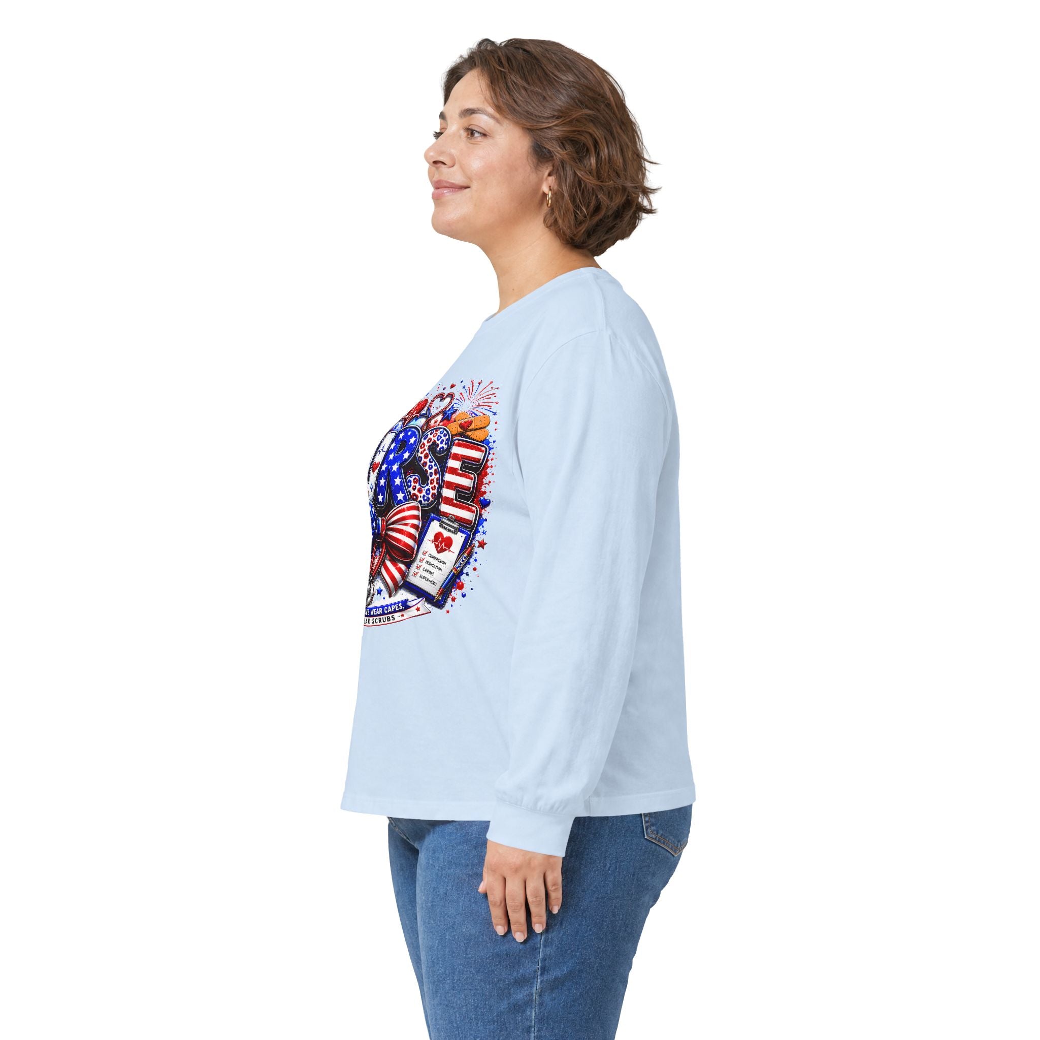 Nurse Heart Patriotic Long Sleeve Tee — USA Flag & Medical Design