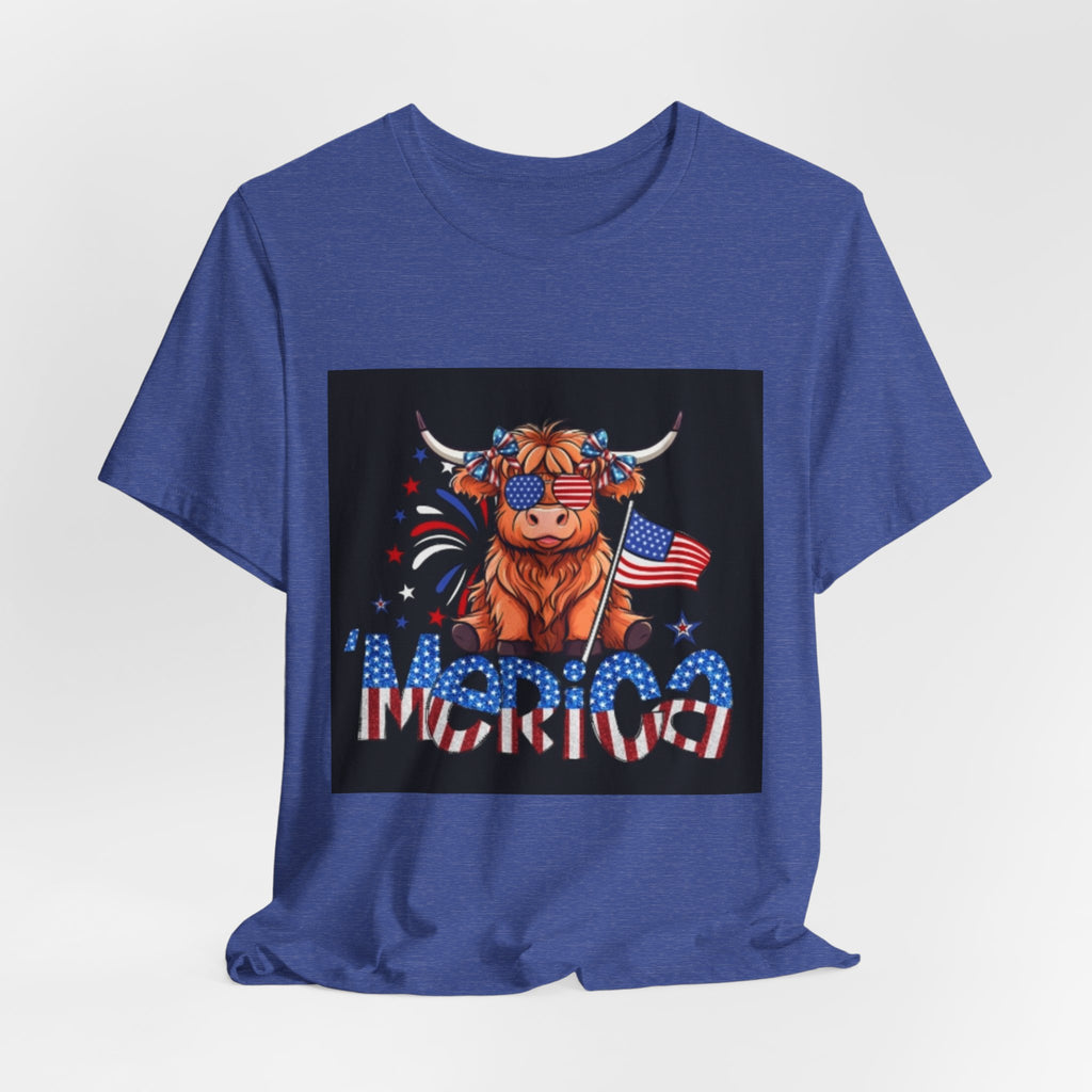Patriotic Highland Cow Tee — "Merica" American Flag 4th of July Shirt