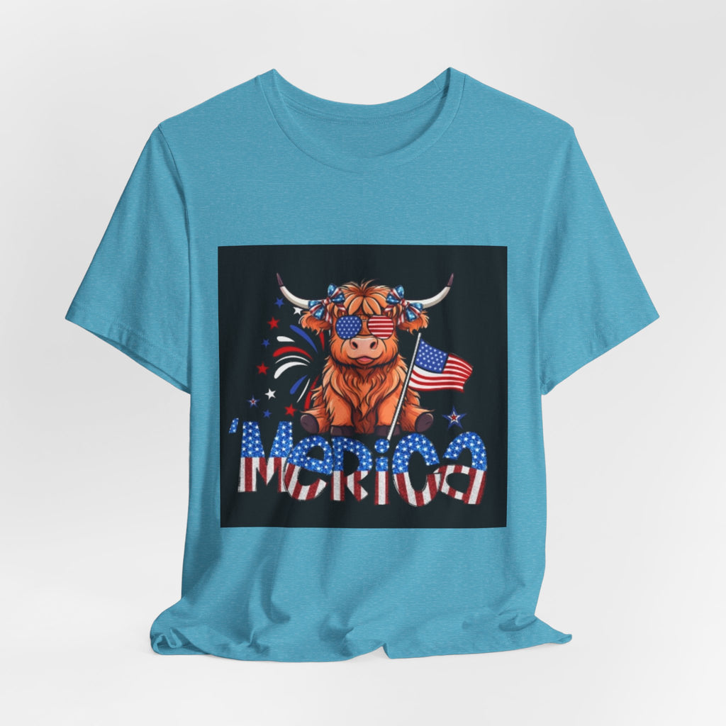 Patriotic Highland Cow Tee — "Merica" American Flag 4th of July Shirt