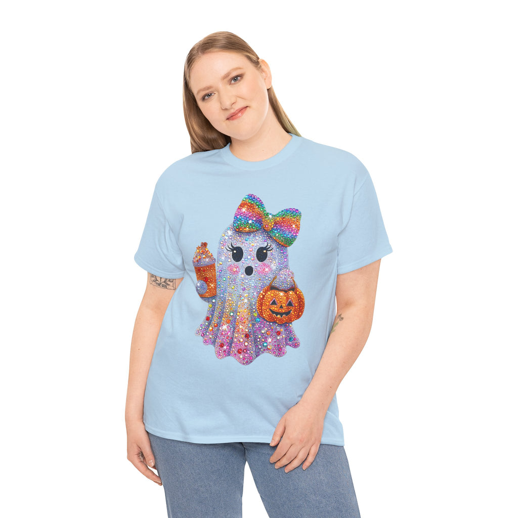 Cute Glitter Ghost T-Shirt — Rainbow Bow Halloween Tee with Pumpkin & Candy Cup