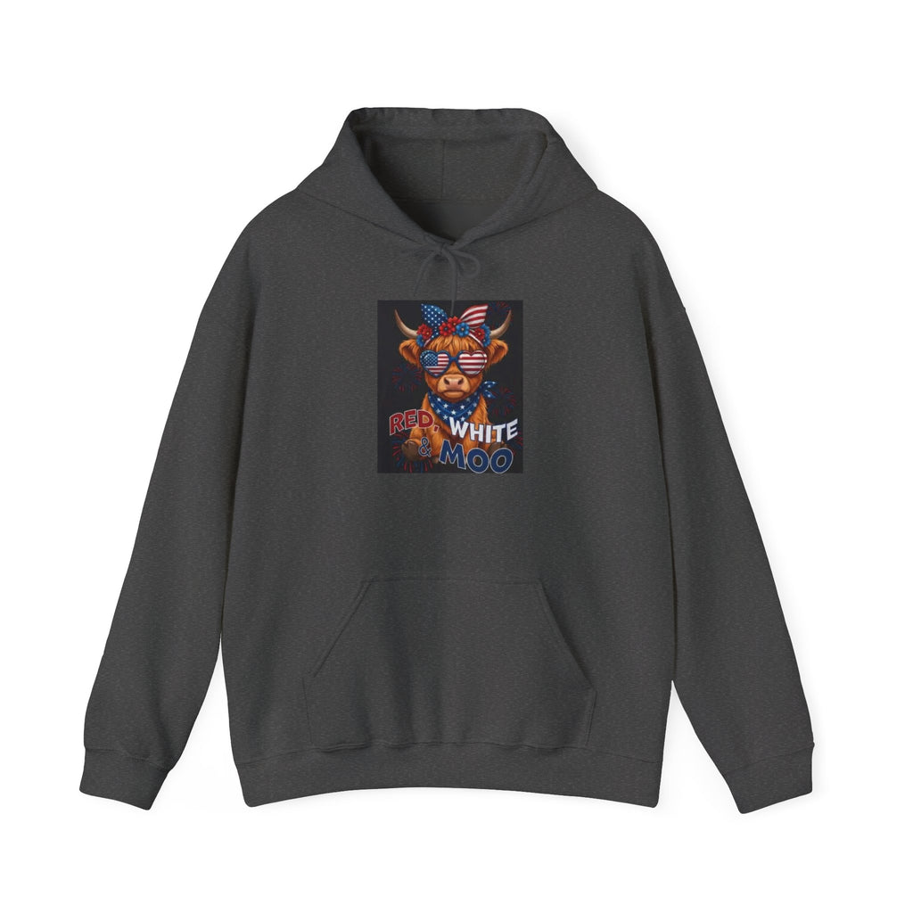 Patriotic Cow Graphic Hoodie — "Red White Moo" Americana Farmwear