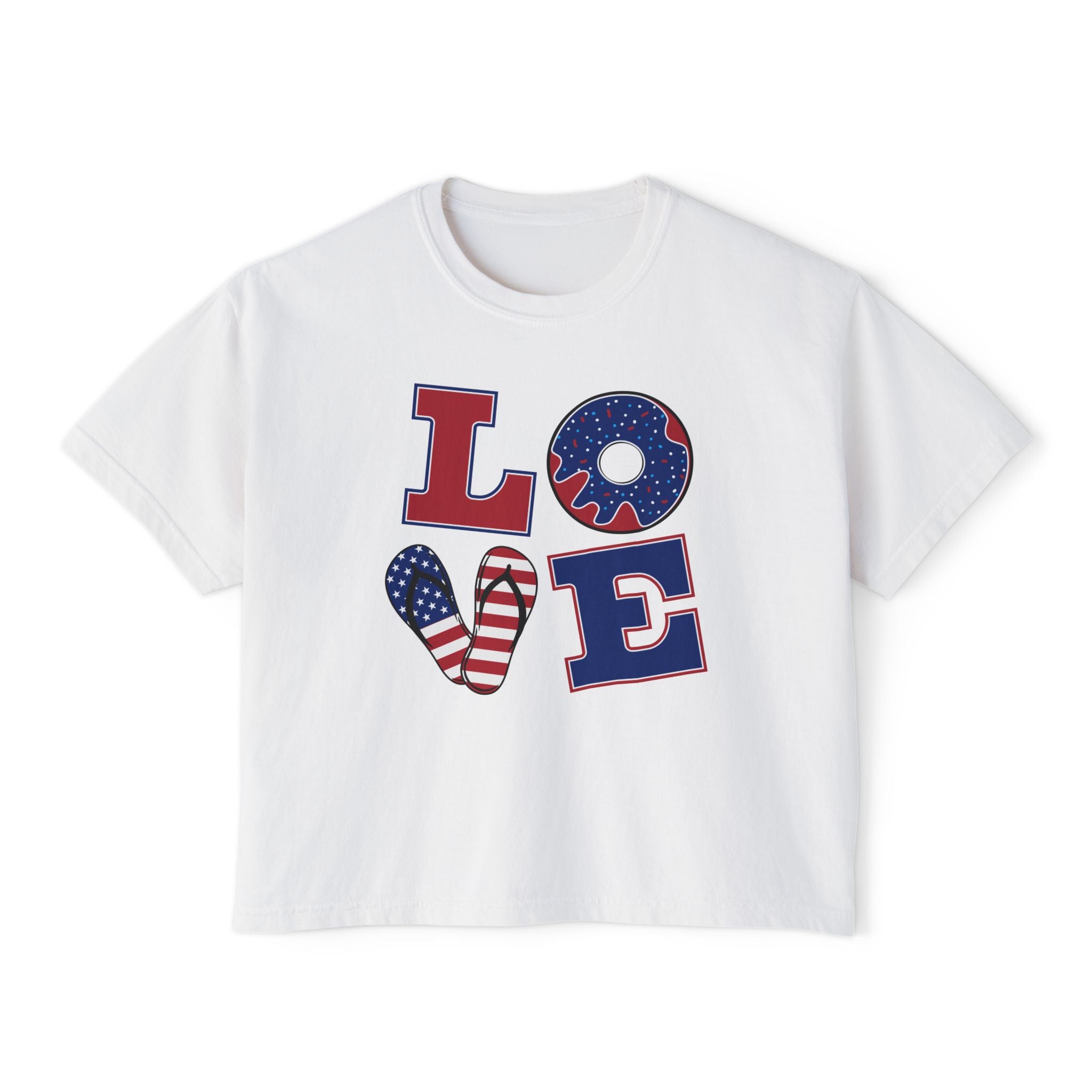 Patriotic LOVE Boxy Tee — Women's 4th of July American Flag Graphic Shirt