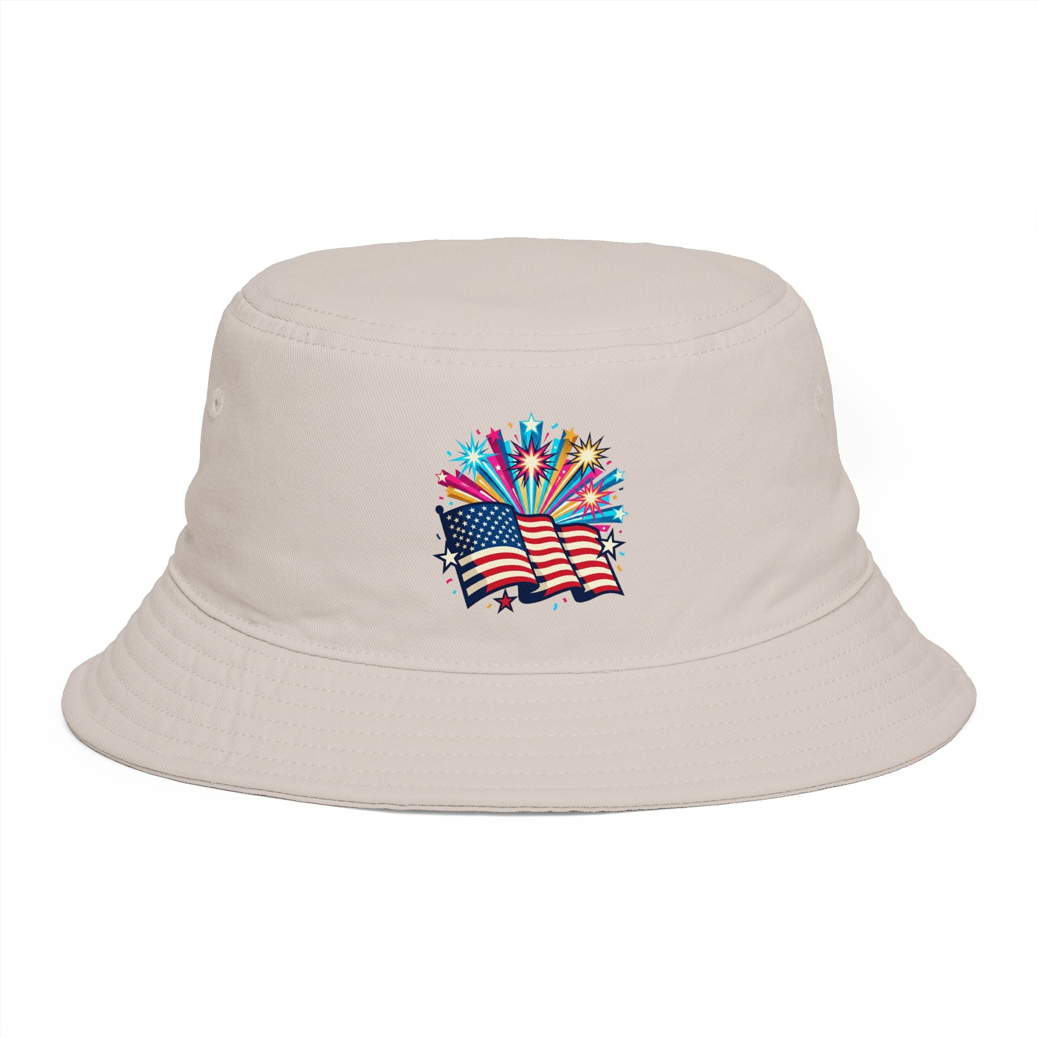 Patriotic Fireworks American Flag Bucket Hat — 4th of July USA Celebration Hat