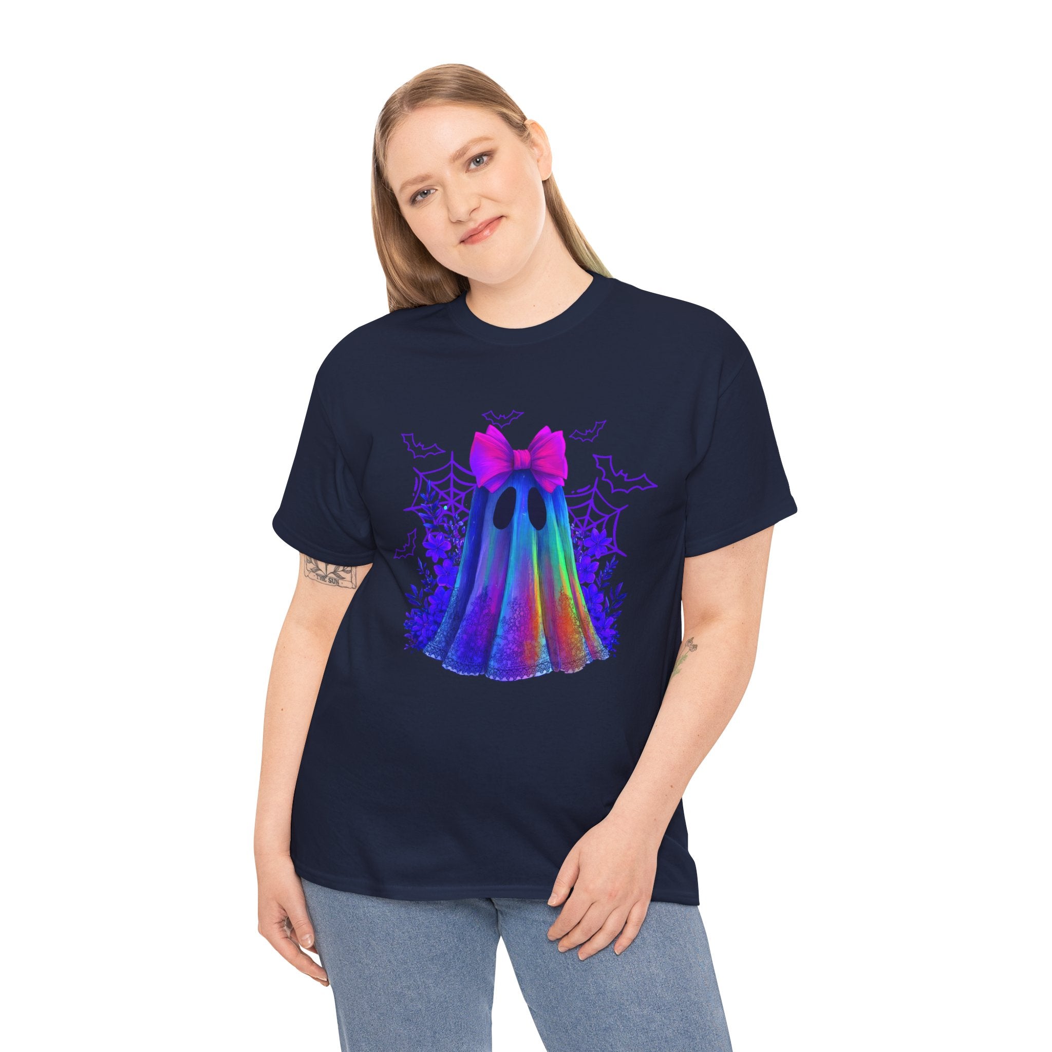 Neon Rainbow Ghost T-Shirt — Cute Halloween Spirit Tee with Pink Bow
