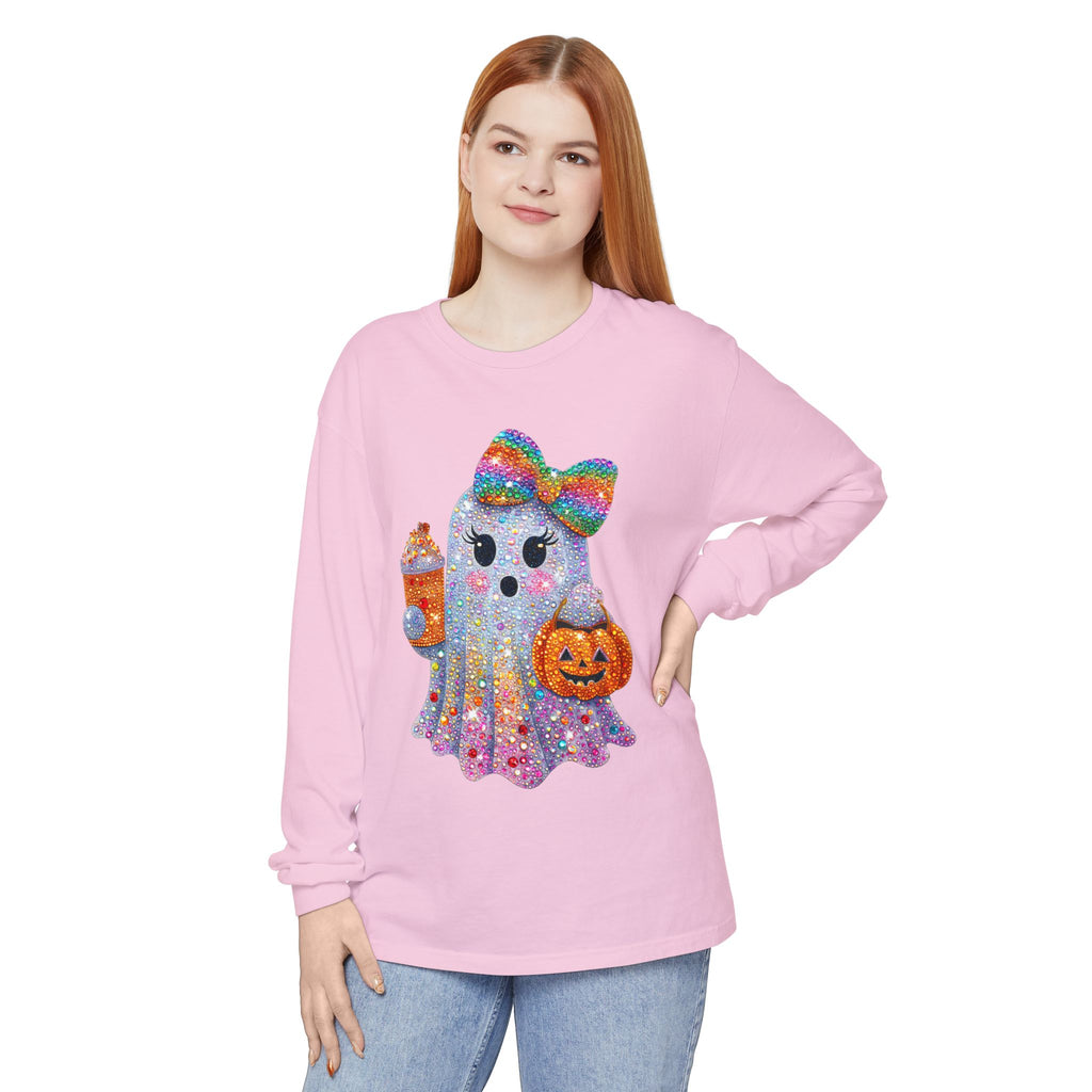 Sparkle Ghost Long Sleeve Tee — Cute Halloween Pumpkin & Candy Design