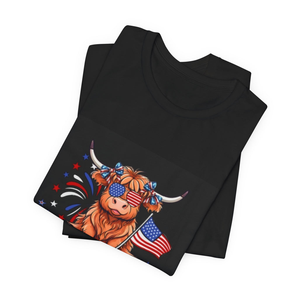 Patriotic Highland Cow Tee — "Merica" American Flag 4th of July Shirt