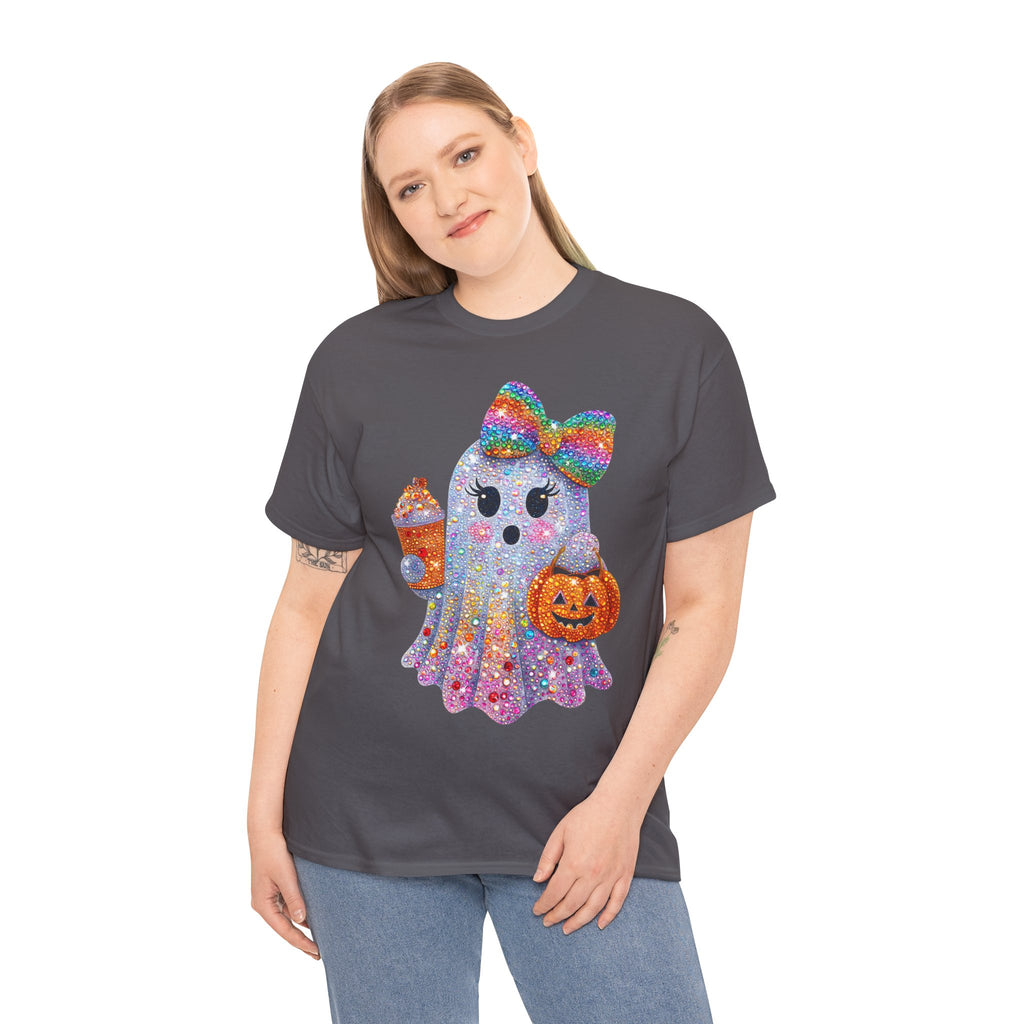 Cute Glitter Ghost T‑Shirt — Rainbow Bow Halloween Tee with Pumpkin & Candy