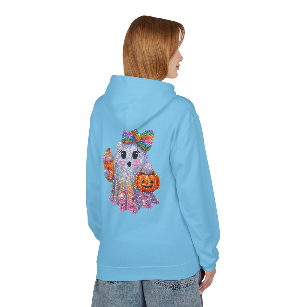 Cute Halloween Ghost Hoodie — Glitter Ghost Holding Pumpkin & Coffee Graphic
