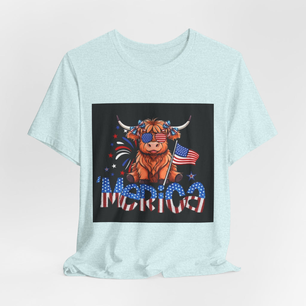 Patriotic Highland Cow Tee — "Merica" American Flag 4th of July Shirt
