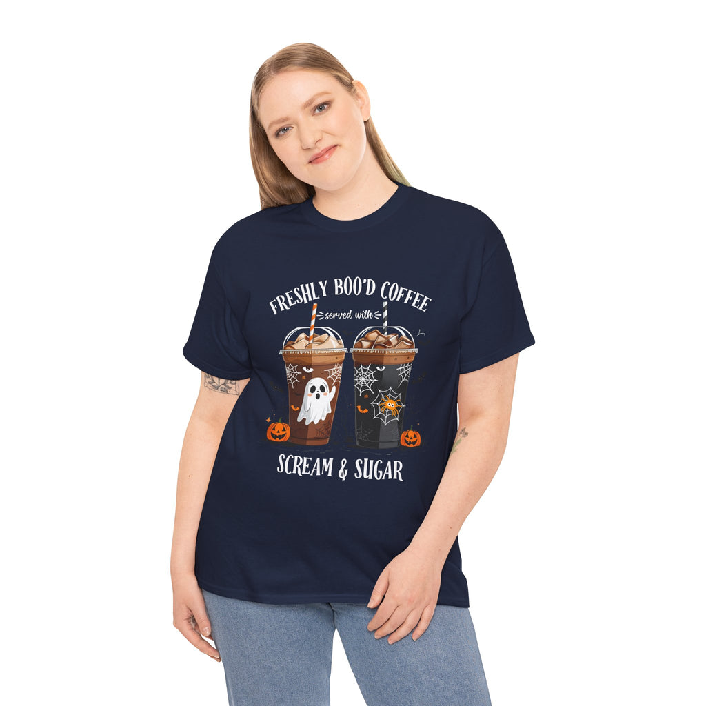 Halloween Coffee T‑Shirt - "Freshly Boo’d Coffee: Scream & Sugar" Funny Spooky Pumpkin Ghost Tee