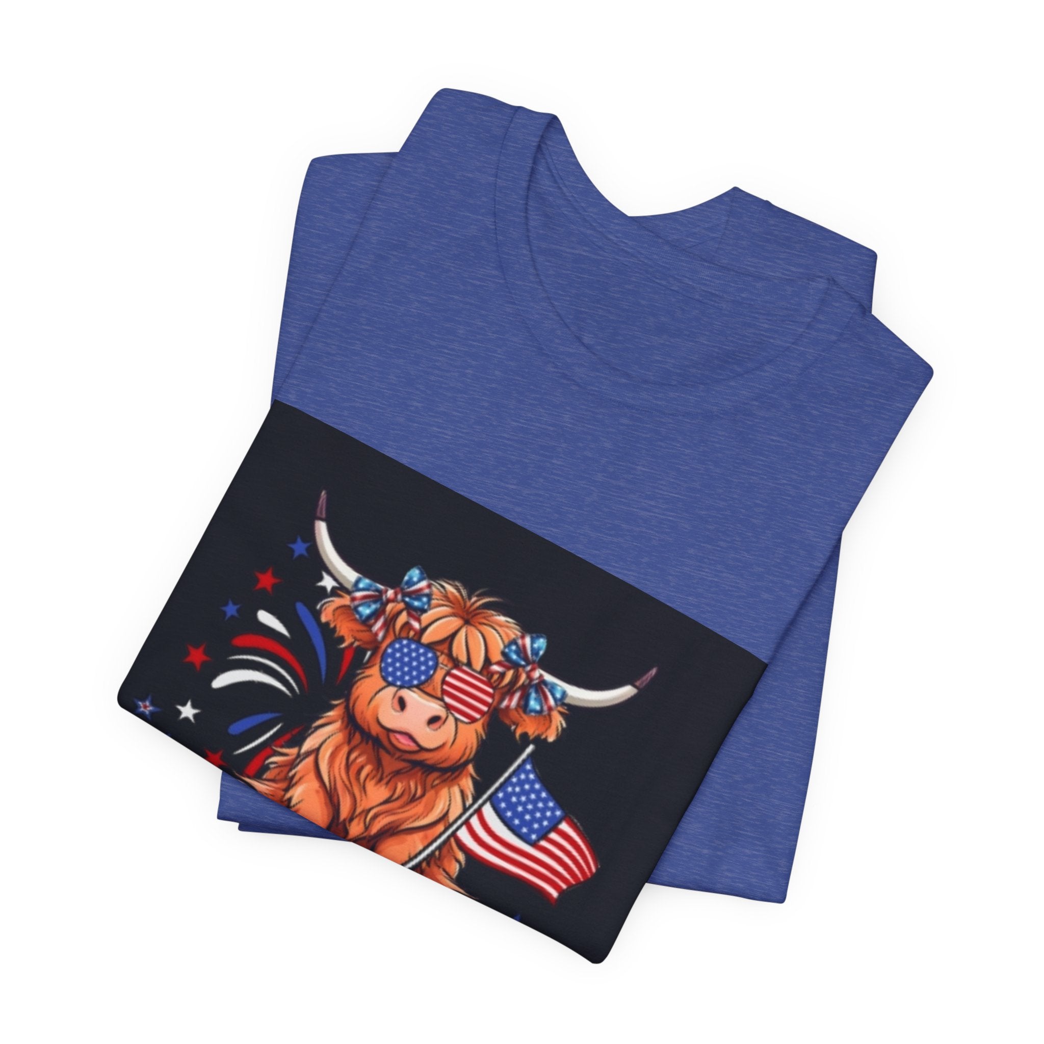 Patriotic Highland Cow Tee — "Merica" American Flag 4th of July Shirt
