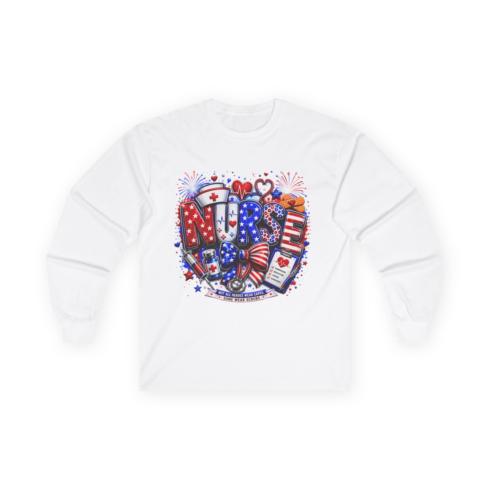 Nurse Heart Patriotic Long Sleeve Tee — USA Flag & Medical Design