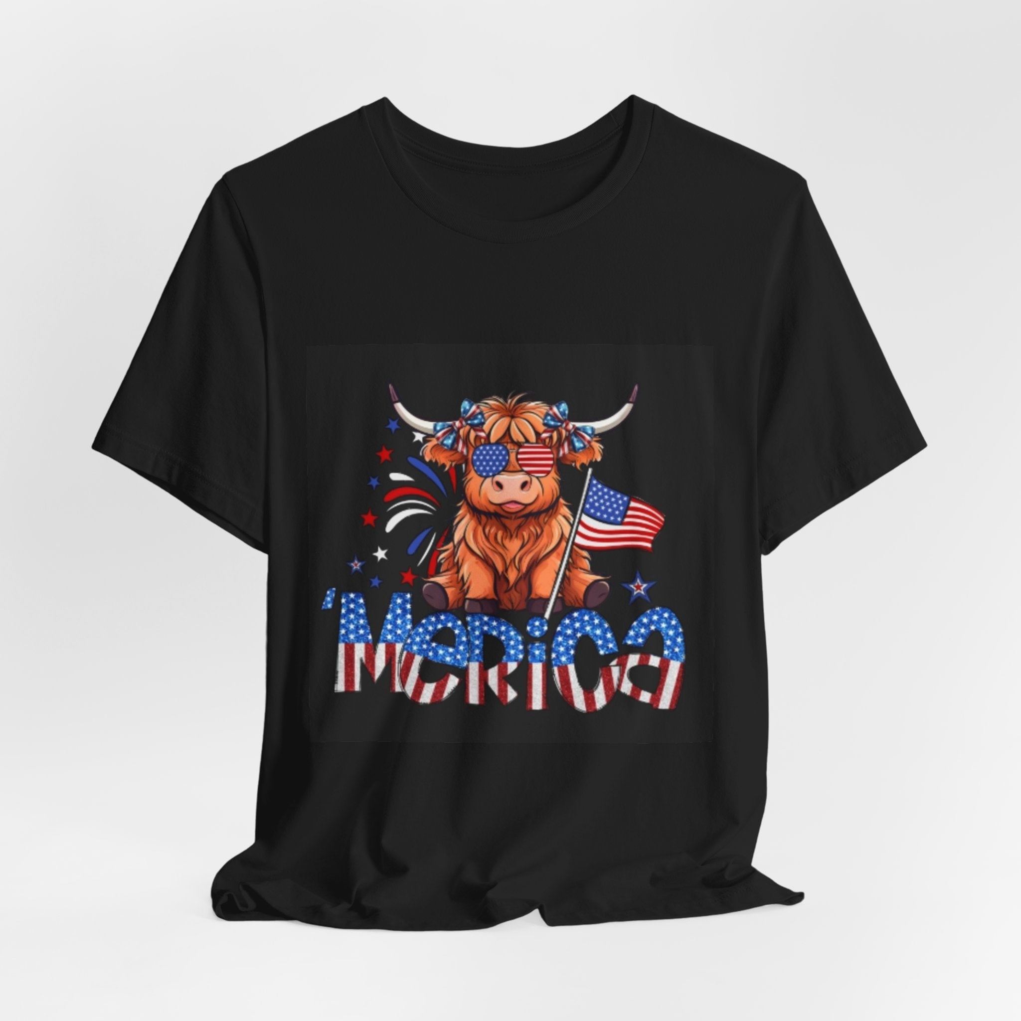 Patriotic Highland Cow Tee — "Merica" American Flag 4th of July Shirt