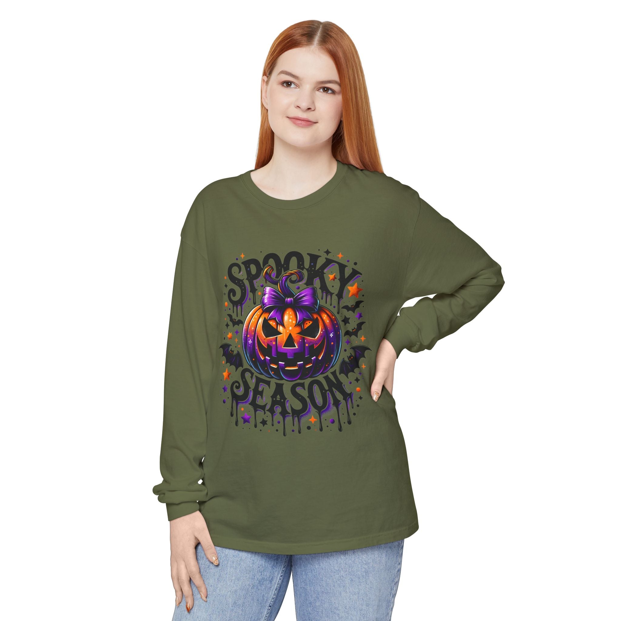 Spooky Season Long Sleeve Tee — Purple Jack-O'-Lantern Halloween Shirt