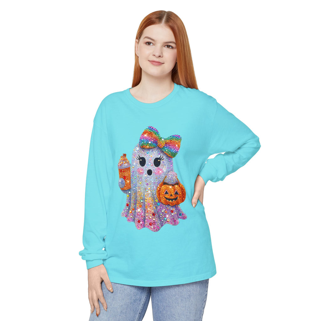 Sparkle Ghost Long Sleeve Tee — Cute Halloween Pumpkin & Candy Design