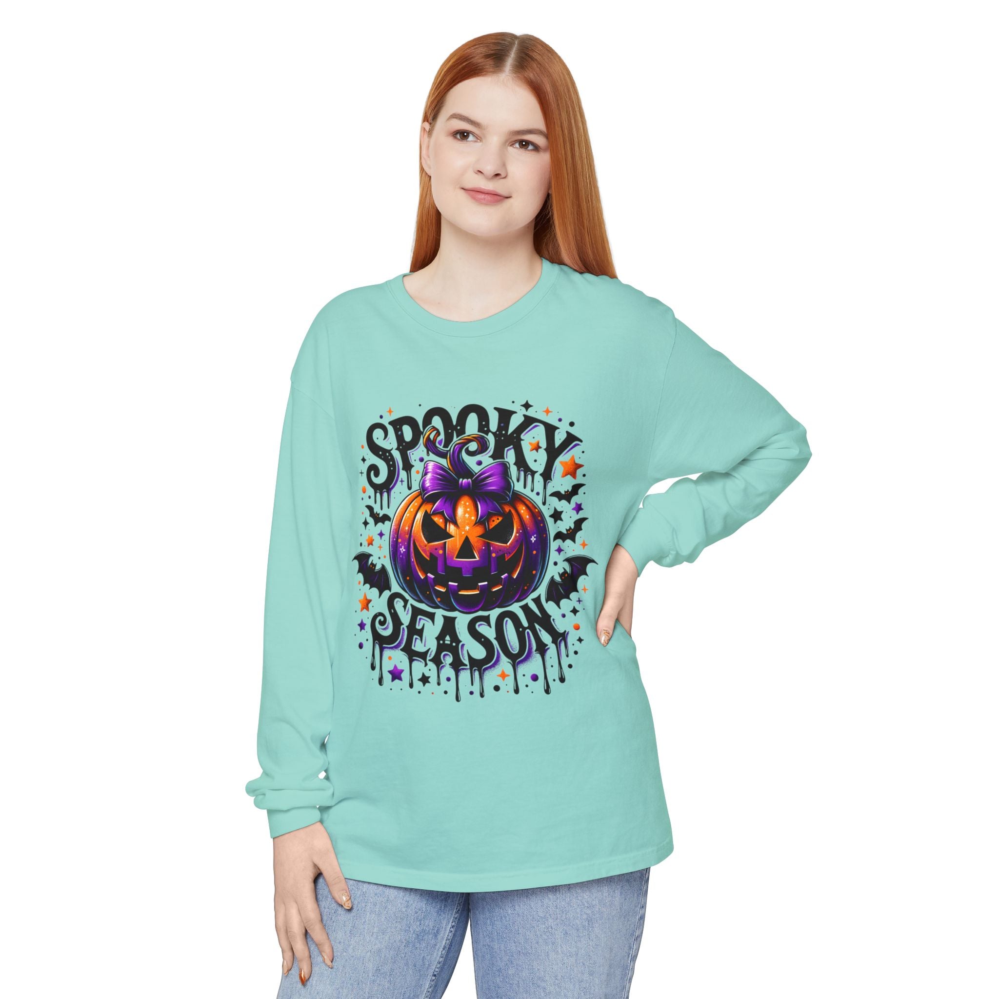 Spooky Season Long Sleeve Tee — Purple Jack-O'-Lantern Halloween Shirt