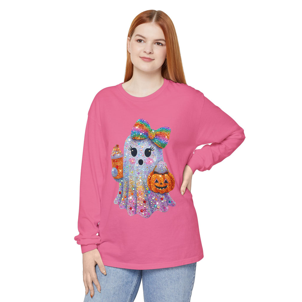 Sparkle Ghost Long Sleeve Tee — Cute Halloween Pumpkin & Candy Design