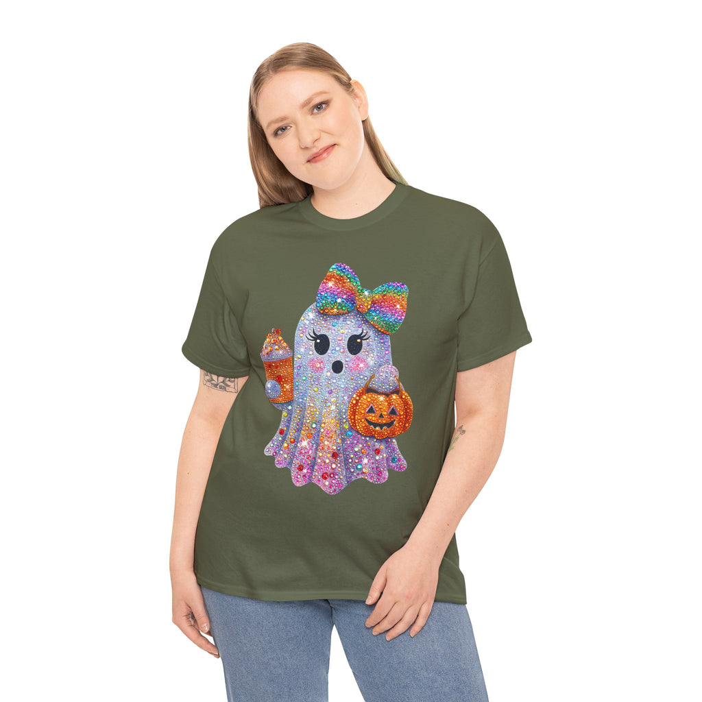 Cute Glitter Ghost T-Shirt — Rainbow Bow Halloween Tee with Pumpkin & Candy Cup