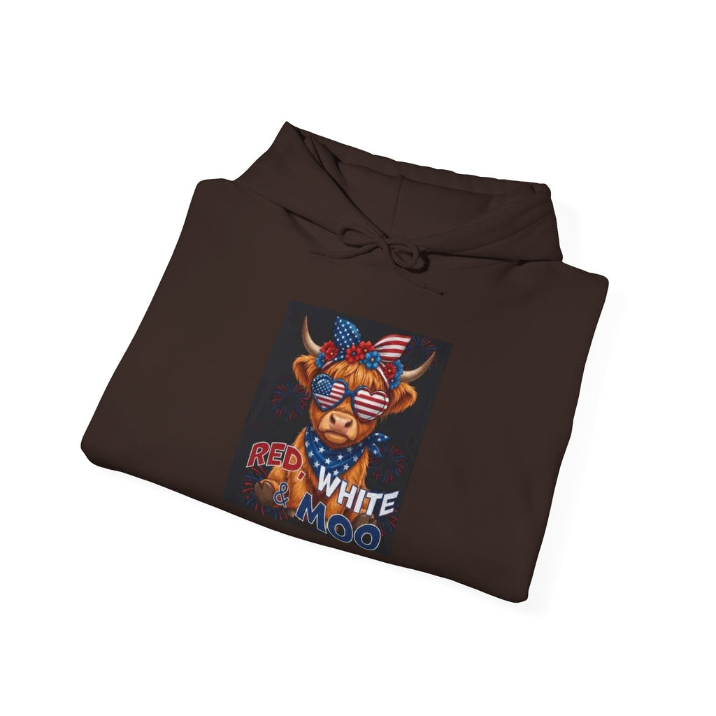 Patriotic Cow Graphic Hoodie — "Red White Moo" Americana Farmwear