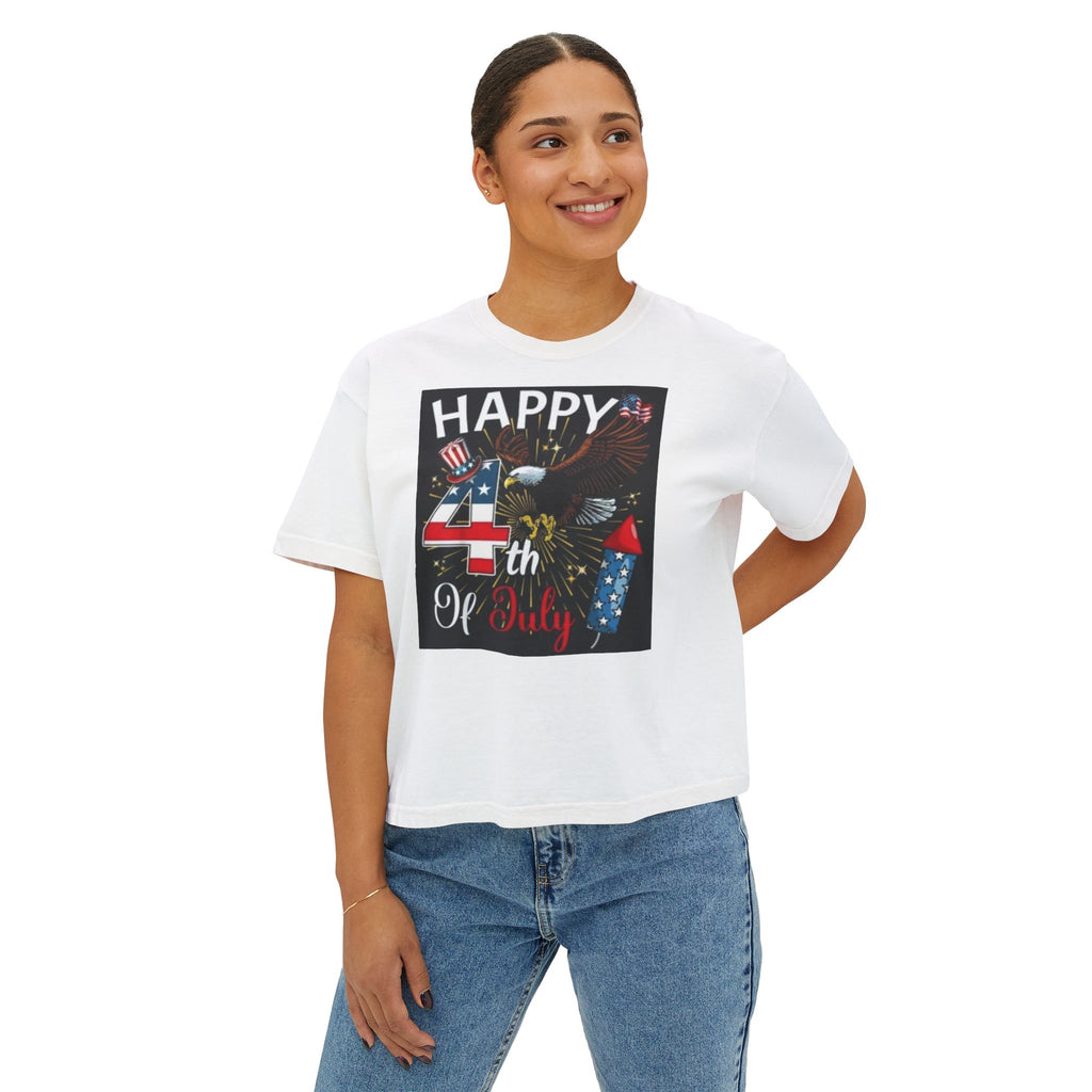 Happy 4th of July Women's Boxy Tee – Patriotic Eagle & Fireworks Top