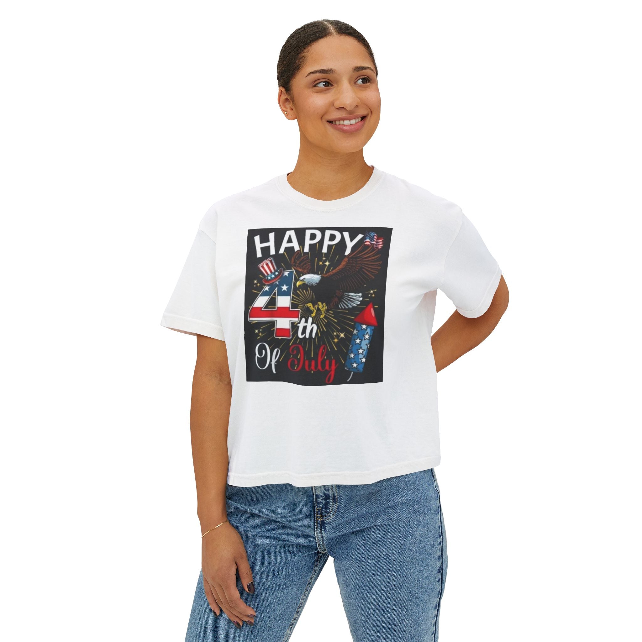 Happy 4th of July Women's Boxy Tee – Patriotic Eagle & Fireworks Top