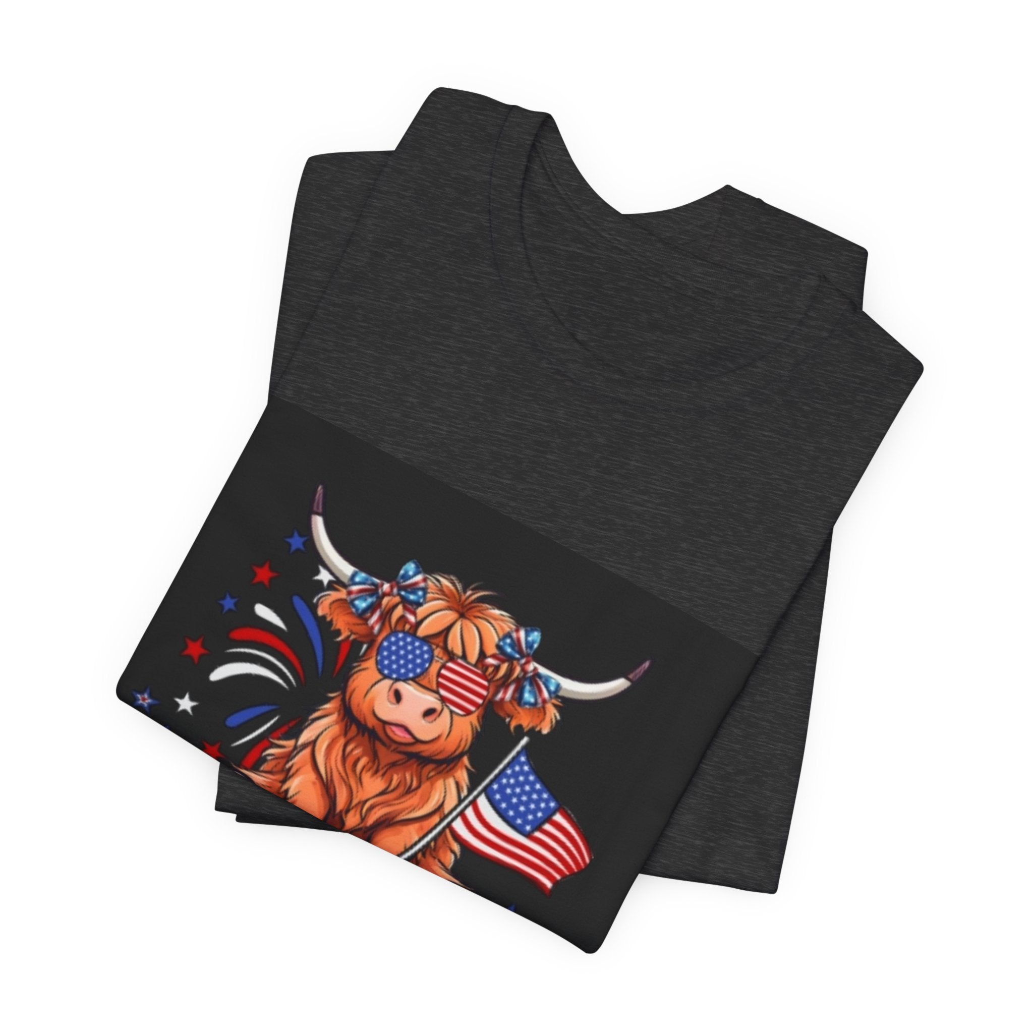 Patriotic Highland Cow Tee — "Merica" American Flag 4th of July Shirt