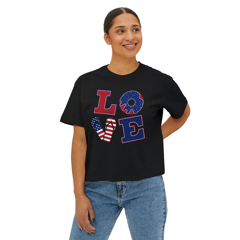 Patriotic LOVE Boxy Tee — Women's 4th of July American Flag Graphic Shirt