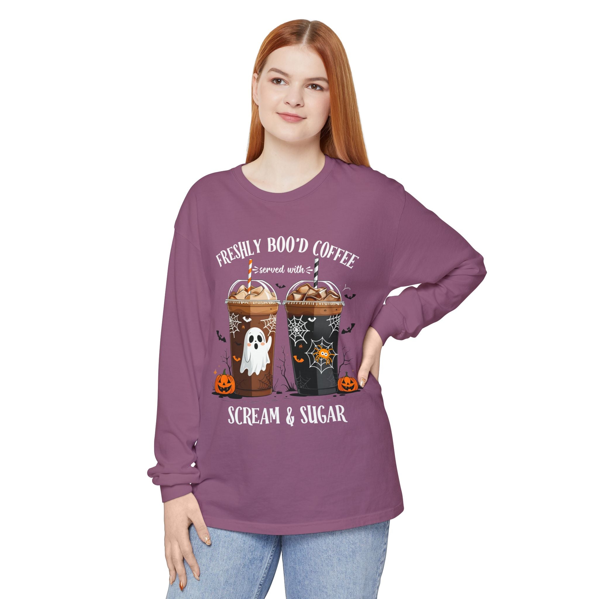 Halloween Coffee Long Sleeve Tee — "Freshly Boo'd Coffee, Scream & Sugar"